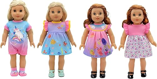 Miniatura 8 de Paquete de 4 ropa de muñeca para muñecas de 13 a 16 pulgadas, vestido con estampado de unicornio para muñecas de 13 a 16 pulgadas, compatible con
