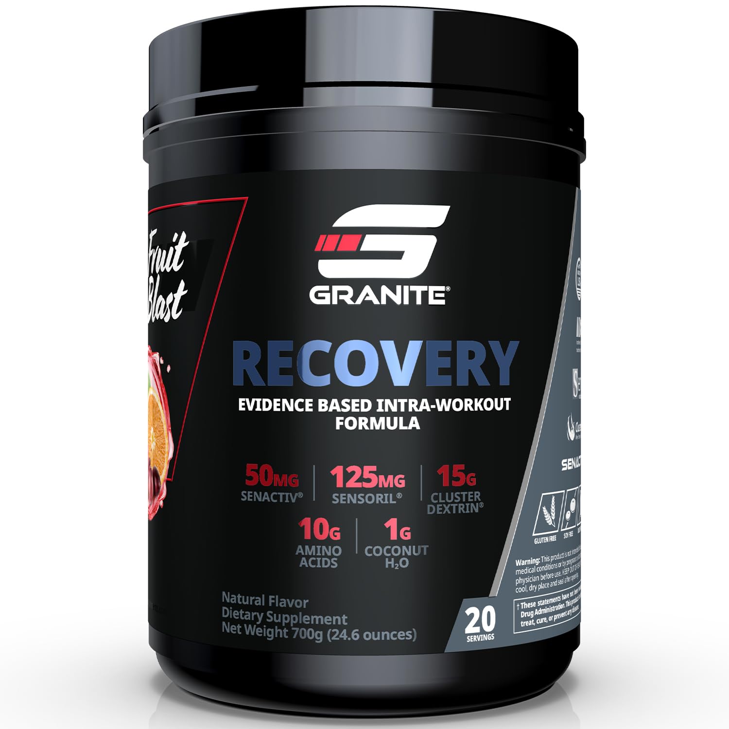 Granite Nutrition Recovery - Premium Intra-Workout Drink with EAAs, Cluster Dextrin, Sensoril & Senactiv for Athletic Performance and Lean Muscle Gains - Fruit Blast (30 Servings)