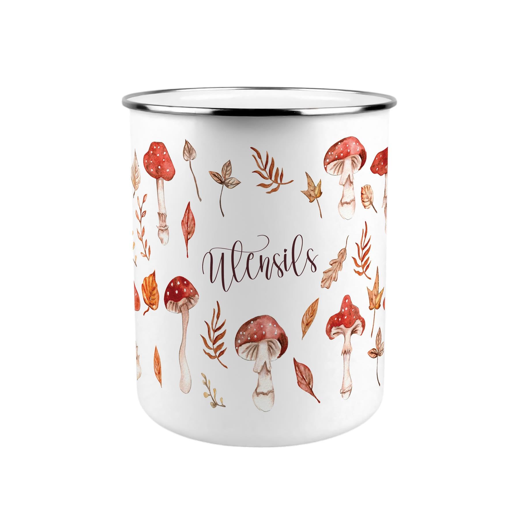 Purely Home Watercolour Mushrooms Metal Utensil Holder - XL Kitchen Utensil Pot/Organiser for Countertop Decor Gift 18x16.5cm