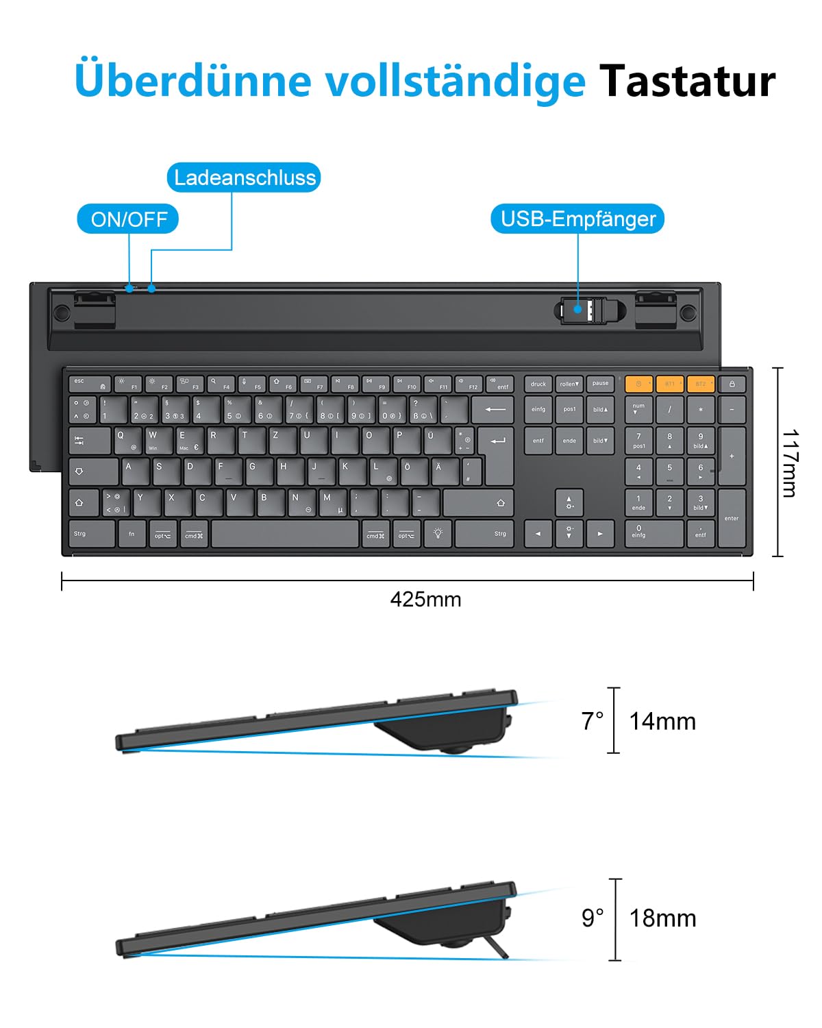 OMOTON Kabellose Tastatur Beleuchtet, Bluetooth + 2,4G, Graphit | Metallgehäuse, Wiederaufladbare, Multi-Device, Funktastatur Leise, Ergonomische, Deutsches QWERTZ Layout für Windows PC/MAC