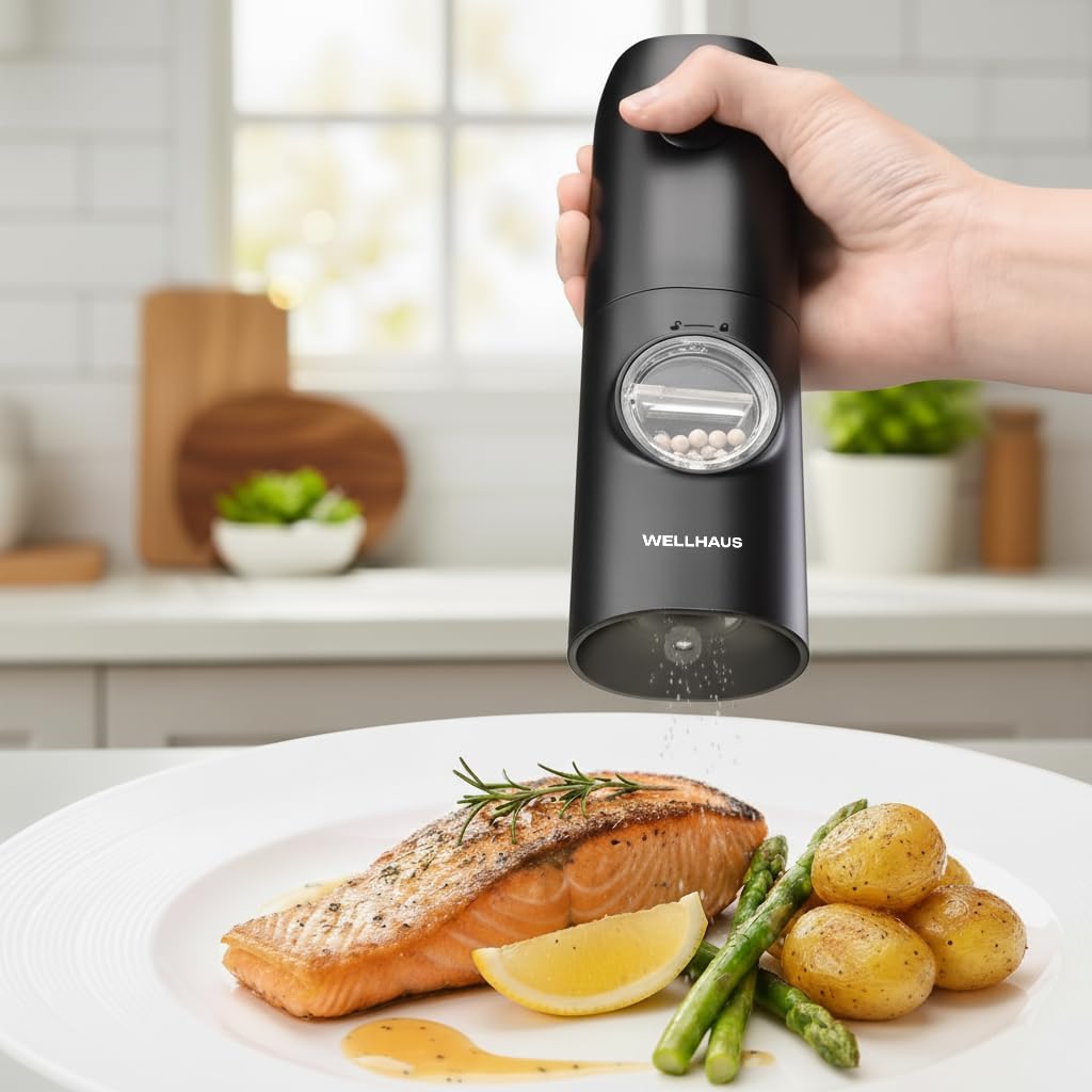 Macinasale e macinapepe elettrica – Set di 2 Macinasale e macinapepe a batteria con base, set di macine per spezie e sale, set di macine con luce LED e regolazione della grana, Nero - 3