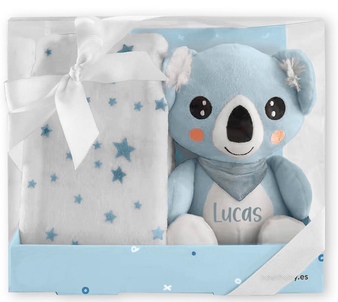 Regalos para Bebes Recien Nacidos Personalizados | Peluche Bebe Personalizado con Mantita Bebe Recien Nacido | Regalo Bebe Personalizado | Pack Bebe Recien Nacido con Koala de Peluche (Koala Azul)