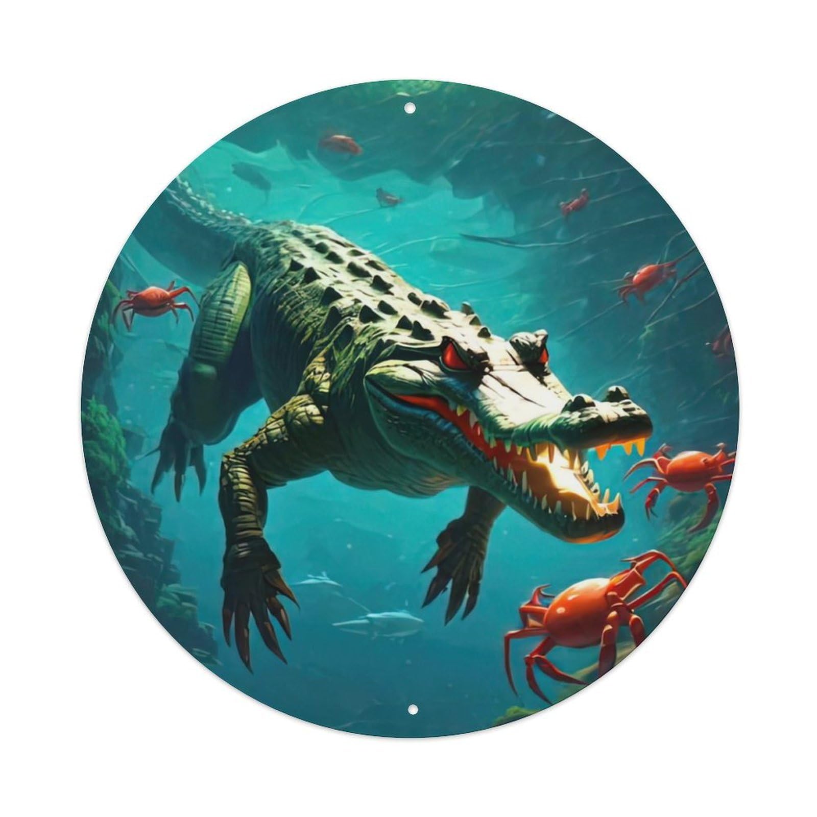 Animal Artwork Crocodile And Small Crab Vintage Metal Tin Sign Plaque Wall Decor for Cafe, Club, Garden Round Metal Poster 8x8Inch