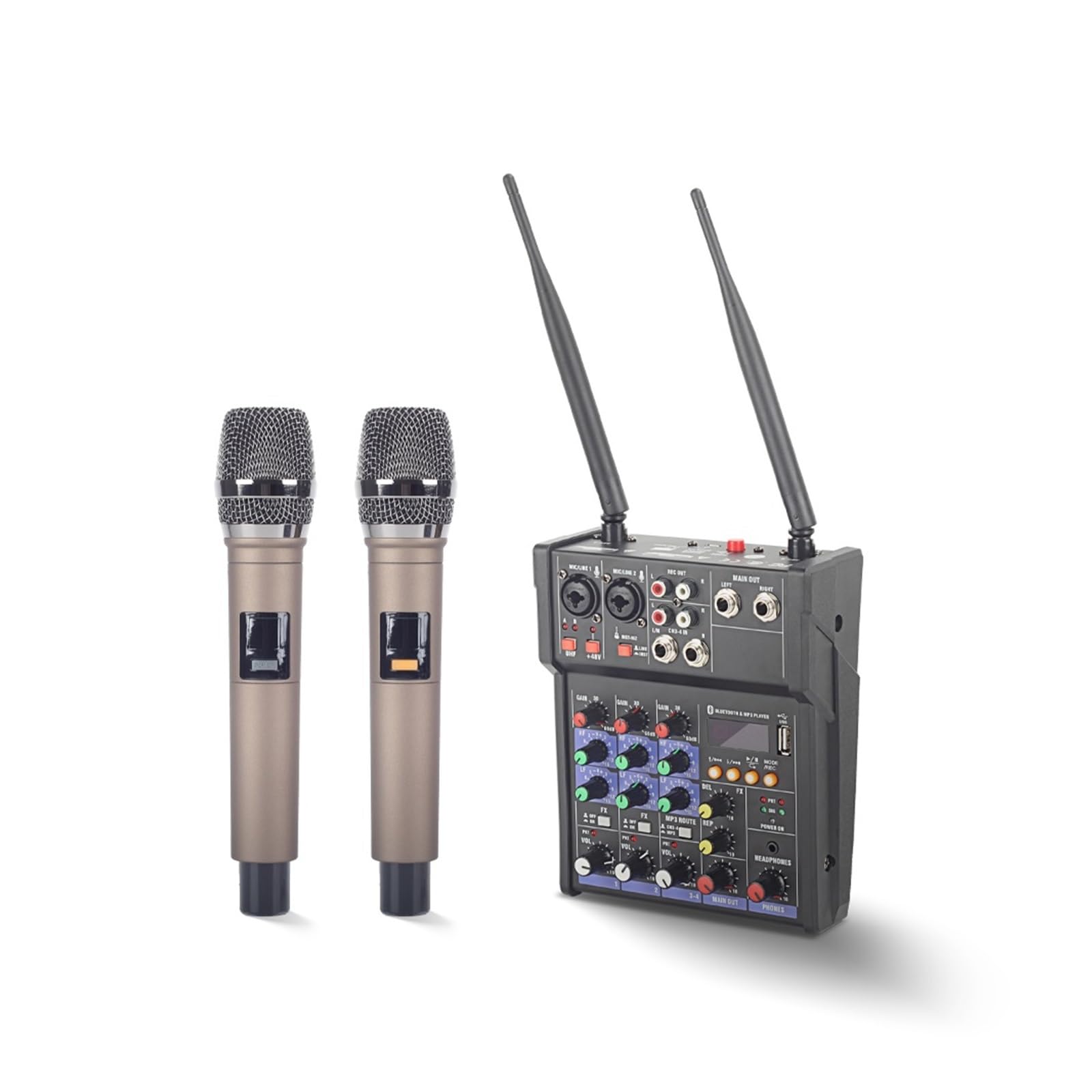 Mezclador de DJ, Mezclador De Audio Dj Consola 4 Canales Con Micrófono Inalámbrico UHF Mezcla Sonido 48V Phantom Power, Estudio