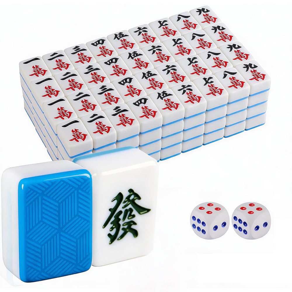 Chinese Mahjong Set, 144 Solid Melamine Tiles 26×17×13mm, Non-Slip Textured Back & Clear Eye-Friendly Print, Traditional Mah Jongg Game for Family Party Leisure