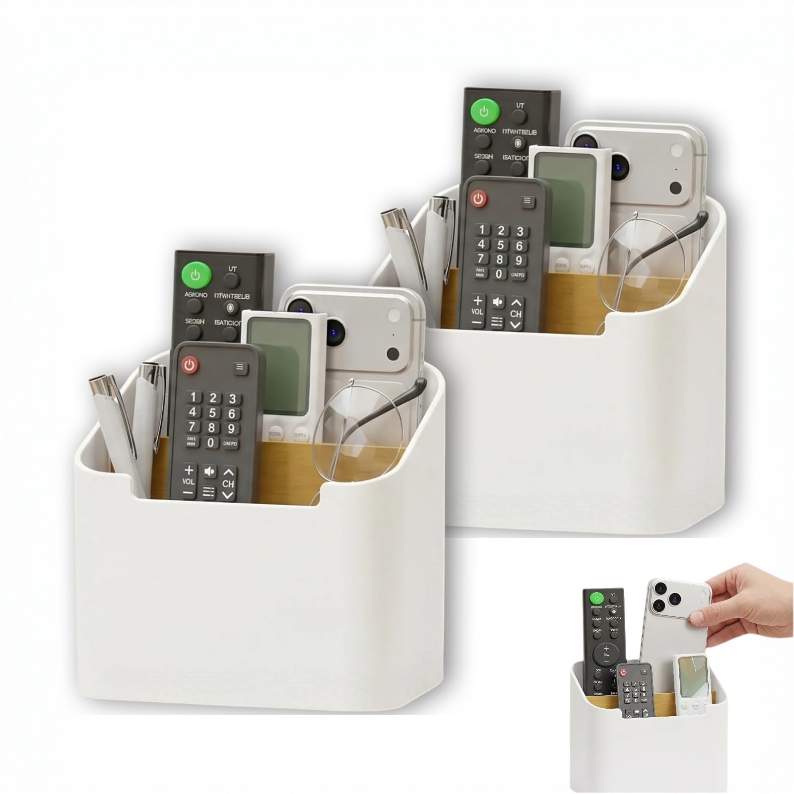 SMYJDMM Remote Control Holder, 2 Pcs TV Remote Holder, 4.61 x 5.71 x 3.54 inches Desk Organiser with Compartments for TV Receiver DVD 4K Stick & Blu-ray Remotes Controls (White)