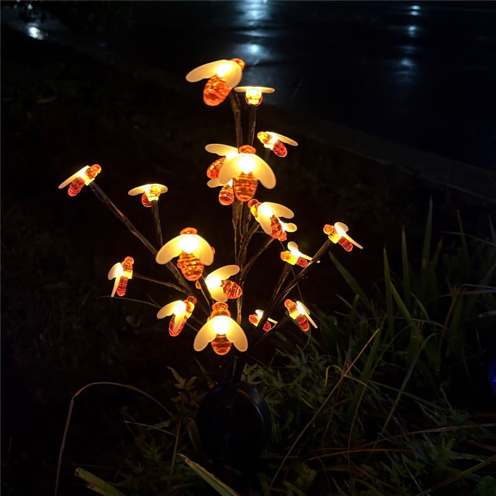 Outdoor Waterproof Cherry Blossom Multicolor Solar Garden Lights, Multicolor Garden Decorative Waterproof Lights with Solar Charge Pane, For Patio, Lawn, Pathway (Warm,Bee)
