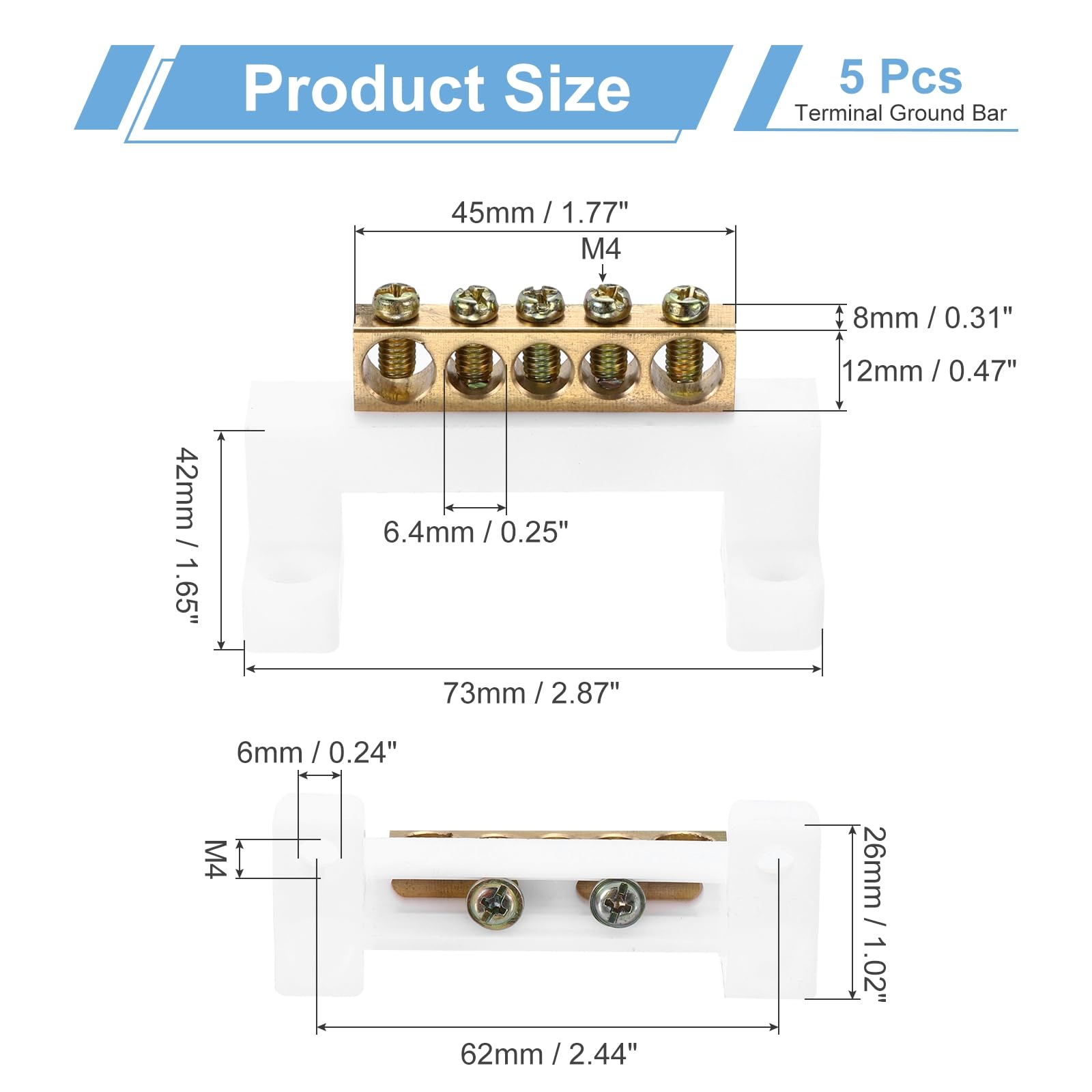 MECCANIXITY 5 Pcs Terminal Ground Bar, 5 Positions Screw Brass Terminal Bus Bar, 8x12mm Ground Terminal Block for Electrical Equipment, Distribution Box, White