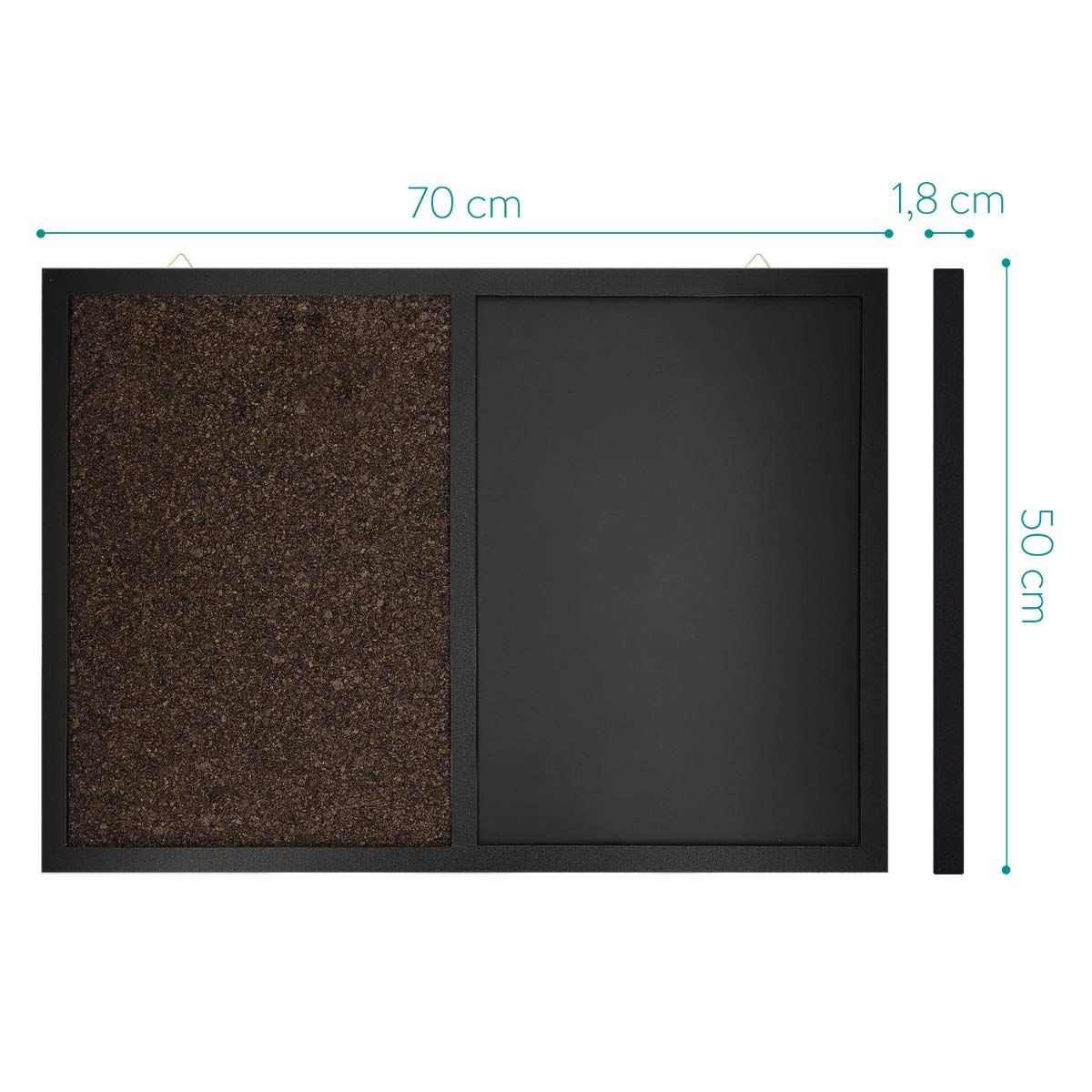 Navaris Tableau affichage mixte - Tableau mémo 70 x 50 cm avec tableau noir ardoise et tableau liège - Kit fixation craie aimant punaise inclus