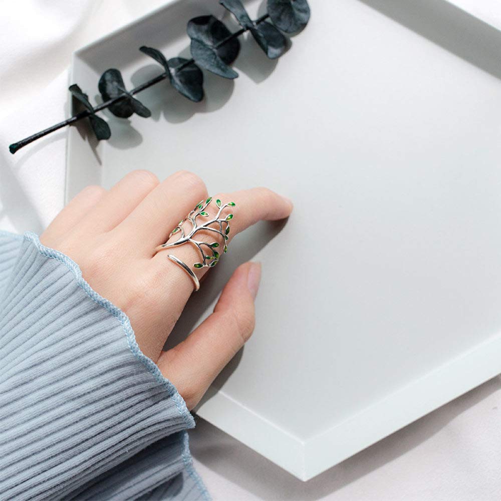 HGJH Verstellbarer Ring, S925 Sterling Silber Grüner Blattzweig Ring Verstellbare Ringe Kleiner Frischer Offener Ring Silber Daumenring Ewigkeitsring Hochzeitscharme Schmuck Geschenke Für Männer Mädc