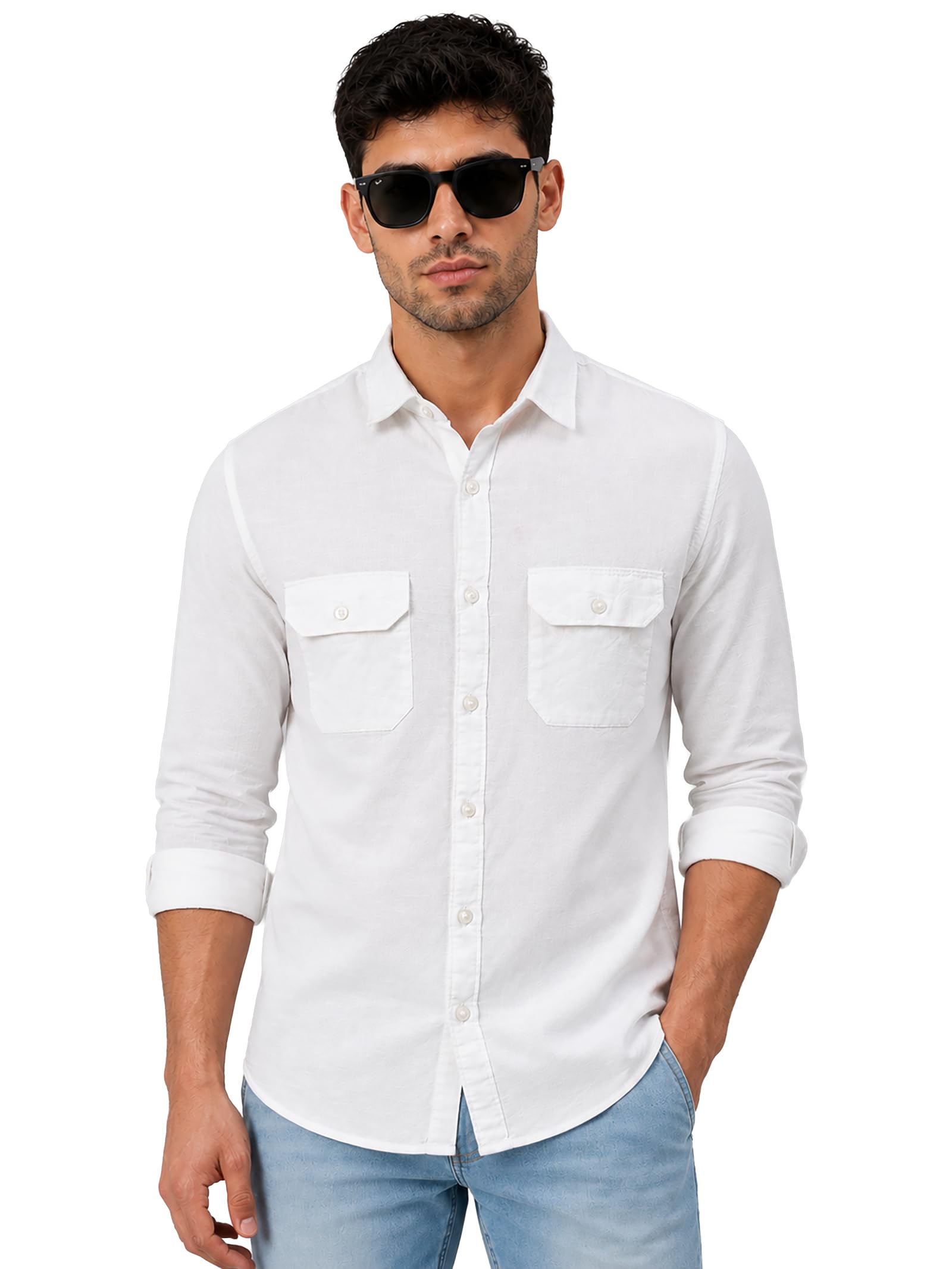 U.S. Pitchers Men's Cotton Linen Double Pocket Casual Shirt White-picture-43