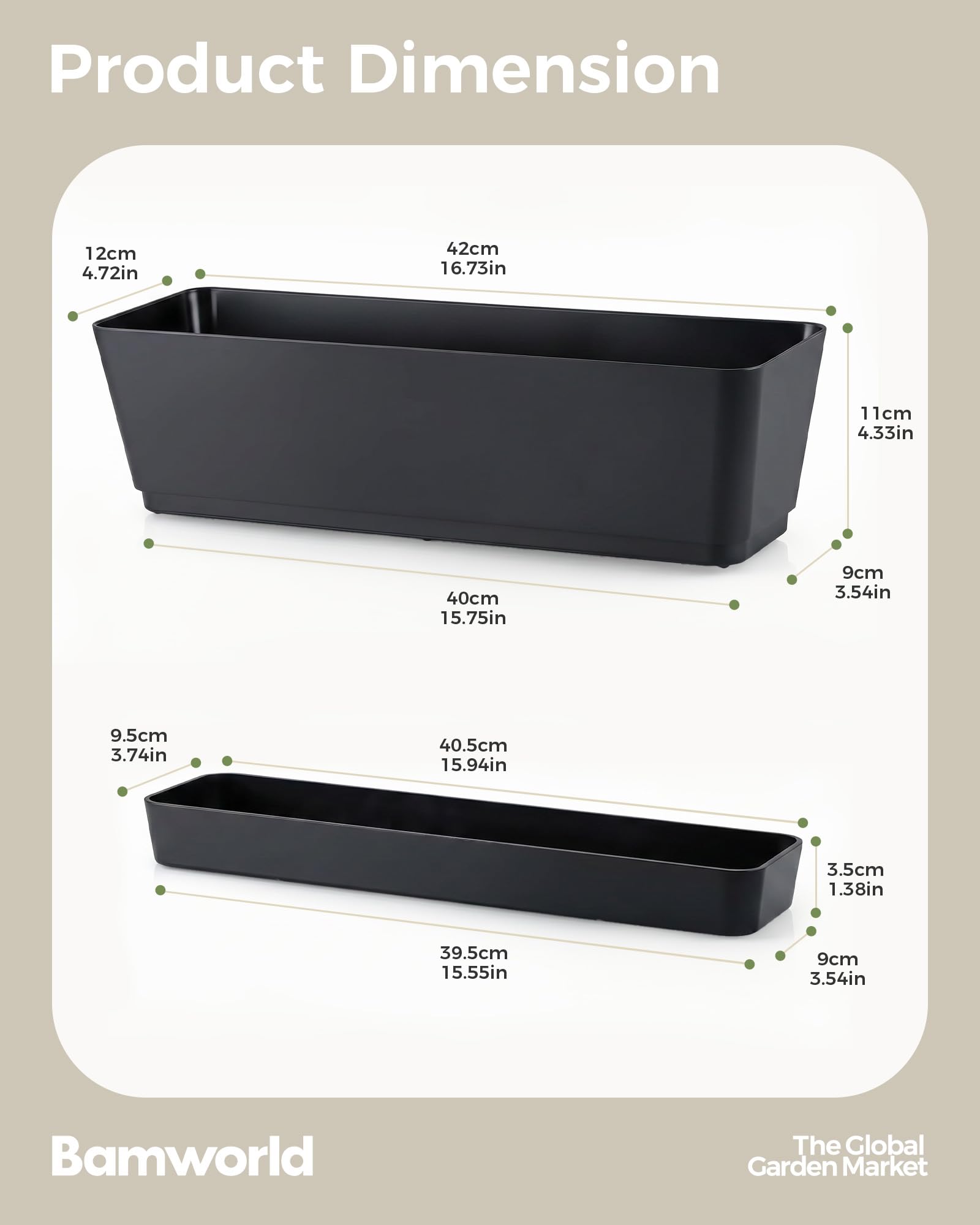 Bamworld Lot de 3 Jardinières Rectangulaires 42x12 cm en Plastique avec Drainage, pour Balcon, Intérieur et Déco de Table, Noir