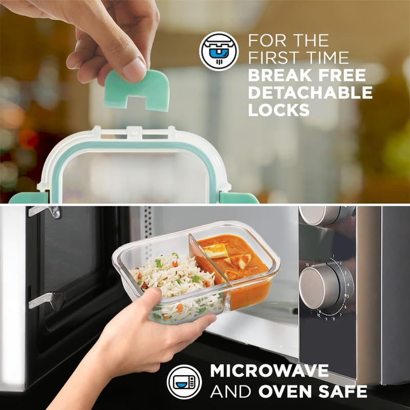Allo FoodSafe - Lonchera de vidrio con compartimento para alimentos con cierre desmontable sin roturas, apto para horno y microondas, recipiente de vidrio de borosilicato con divisor de división,