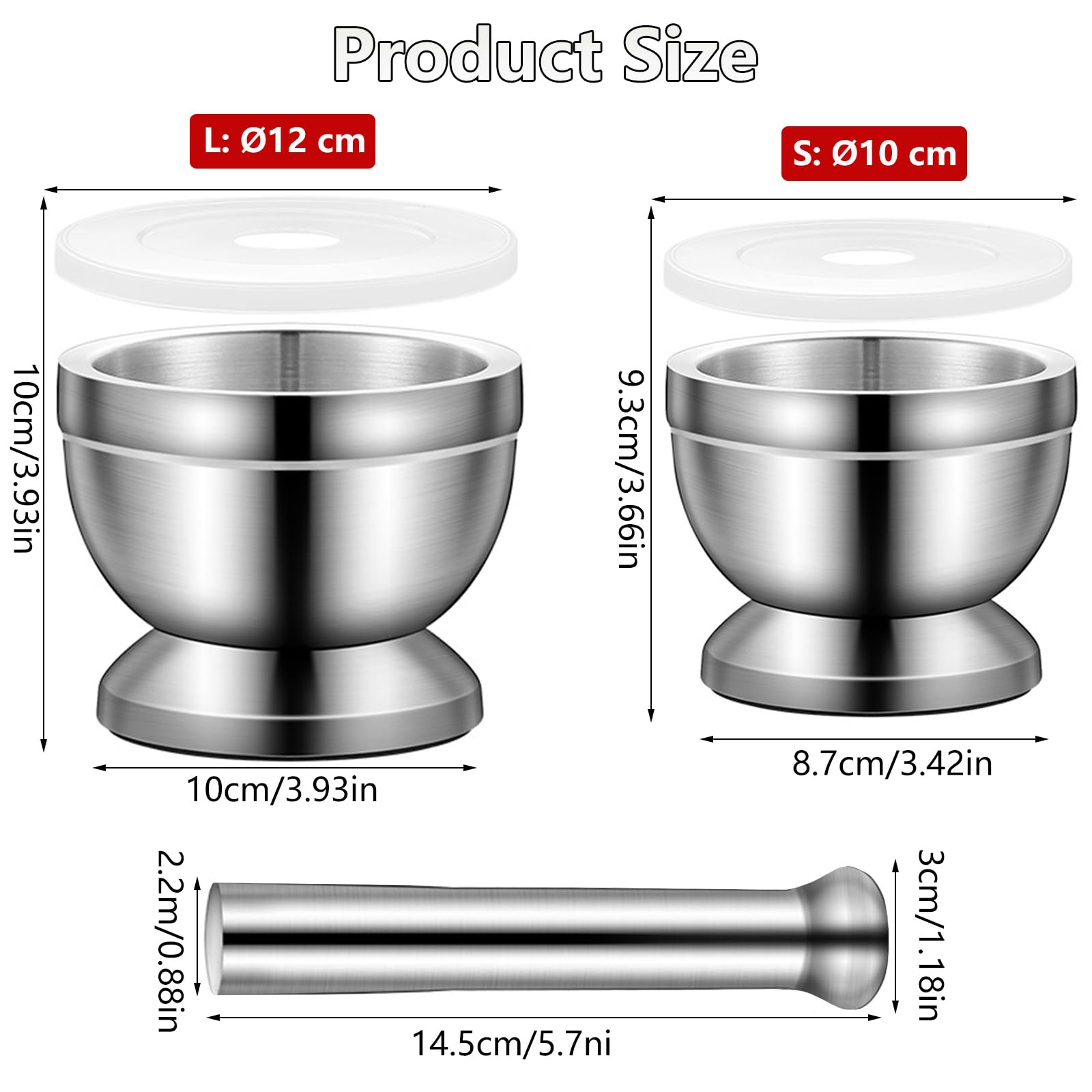 Mortaio con pestello – mortaio e pestello in acciaio inox 304 con coperchio in polietilene, Ø 12 cm per macinare spezie, erbe, aglio, noci, anche come mortaio per compresse, compresse per mortaio