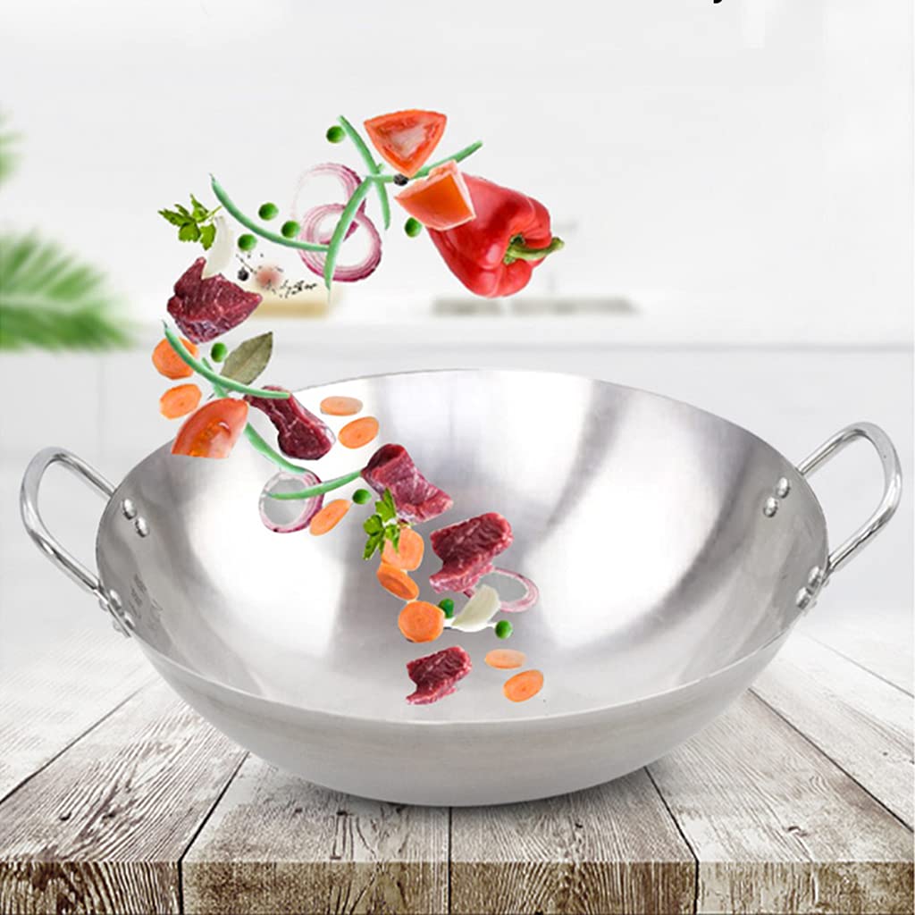 Wok Professionale in Acciaio Inossidabile Spesse Extra con Copertura Piana 50-70cm commestibile Non Magnetico Fondo Tondo pentola Senza Fumo Adatto per Mensa,Ristorante,Cucina