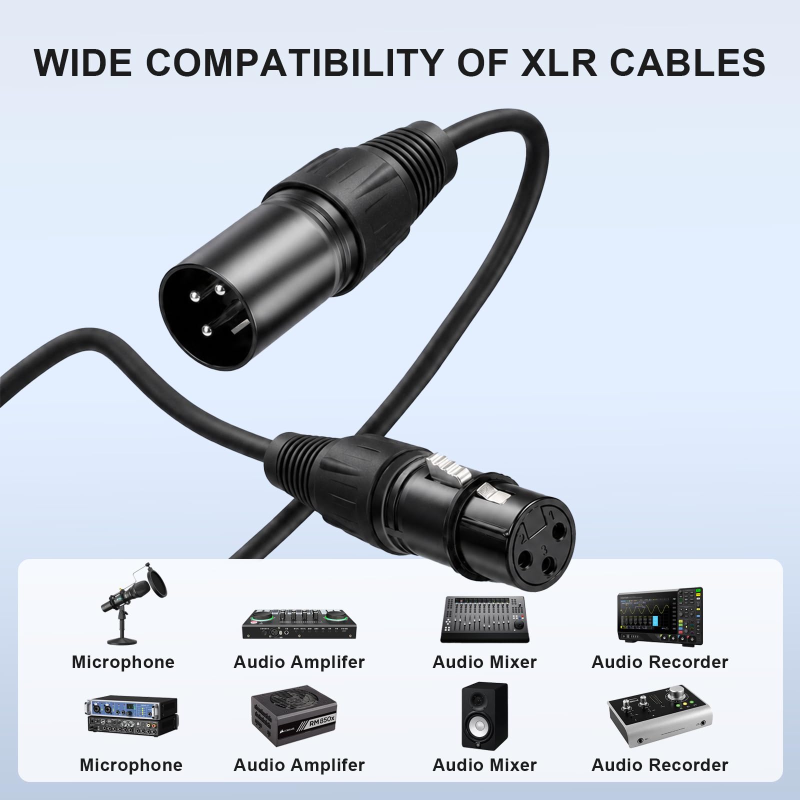 Lot de 4 câbles de microphone XLR, 3 broches XLR mâle vers femelle, cordon audio équilibré, double blindage, réduction du bruit, fil XLR noir pour mixeur, microphone, haut-parleur