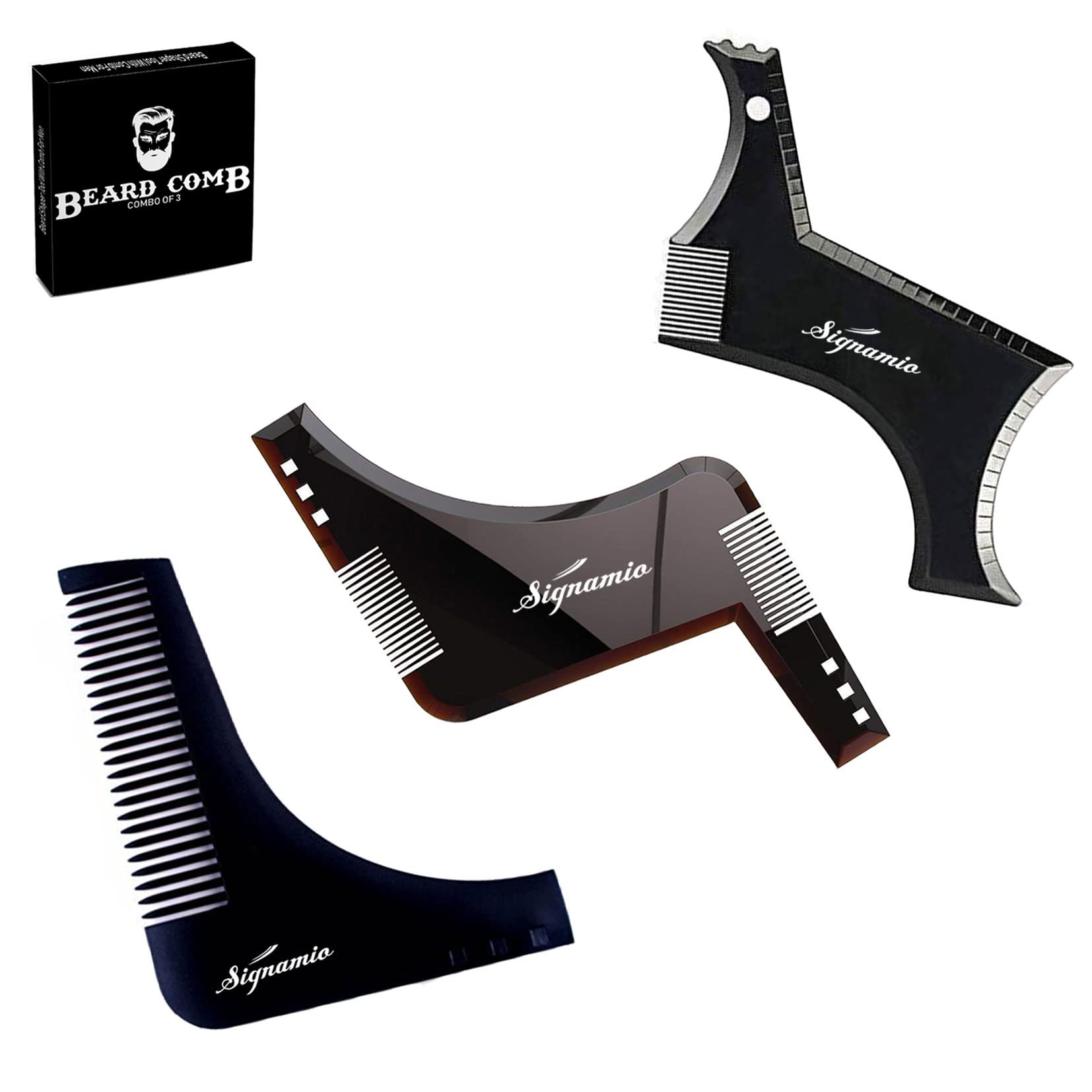 SIGNAMIO Set of 3 Multi Purpose Beard Shaper tool for Men | Beard Shaping Stencil Comb for men styling shave for neck line guide - Grooming kit - Cherry Black