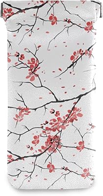 Squeeze Top Sunglasses Pouch Eyeglass Cases PU Leather Soft Anti-Scratch Eyeglass Holder (Red Cherry Blossom)