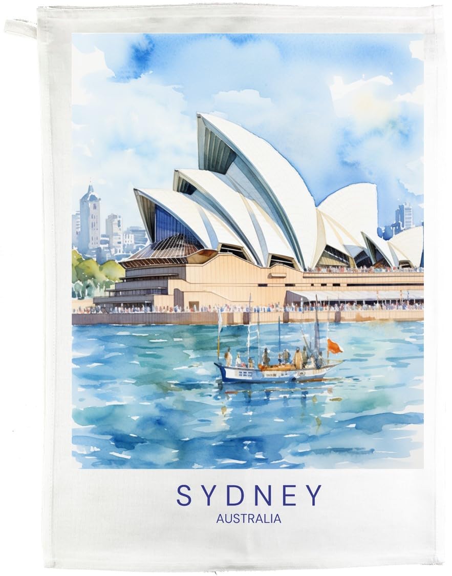 Half a Donkey Sydney Australia Cotton Tea Towel, White, 47 x 65 cm, Watercolor Travel Poster Design, Rectangular Kitchen Cloth with Hanging Loop