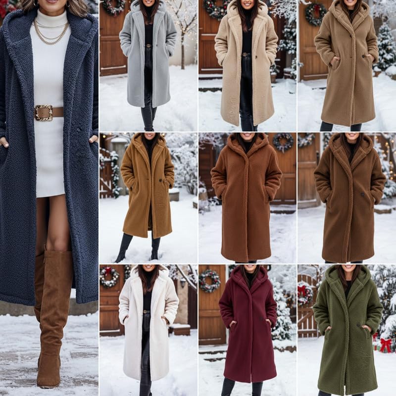 Women's Winter Teddy Bear Coats Fuzzy Fleece Solid Long Hooded Sherpa Warm Jacket Coat with Pockets - Image 3