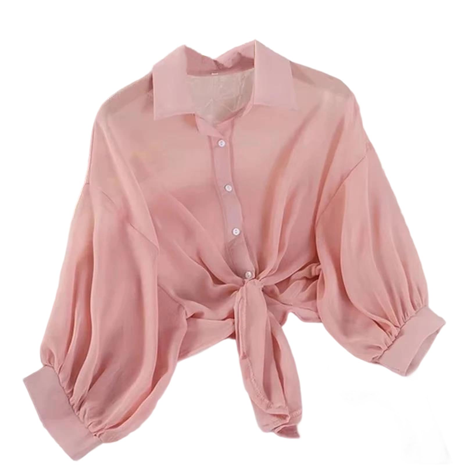 Genérico Blusa Informal Holgada de Gasa con Botones Delanteros para Mujer, Cuello Vuelto, Manga Corta, Detalle Calado y Cintura Anudada (Talla Mediana)