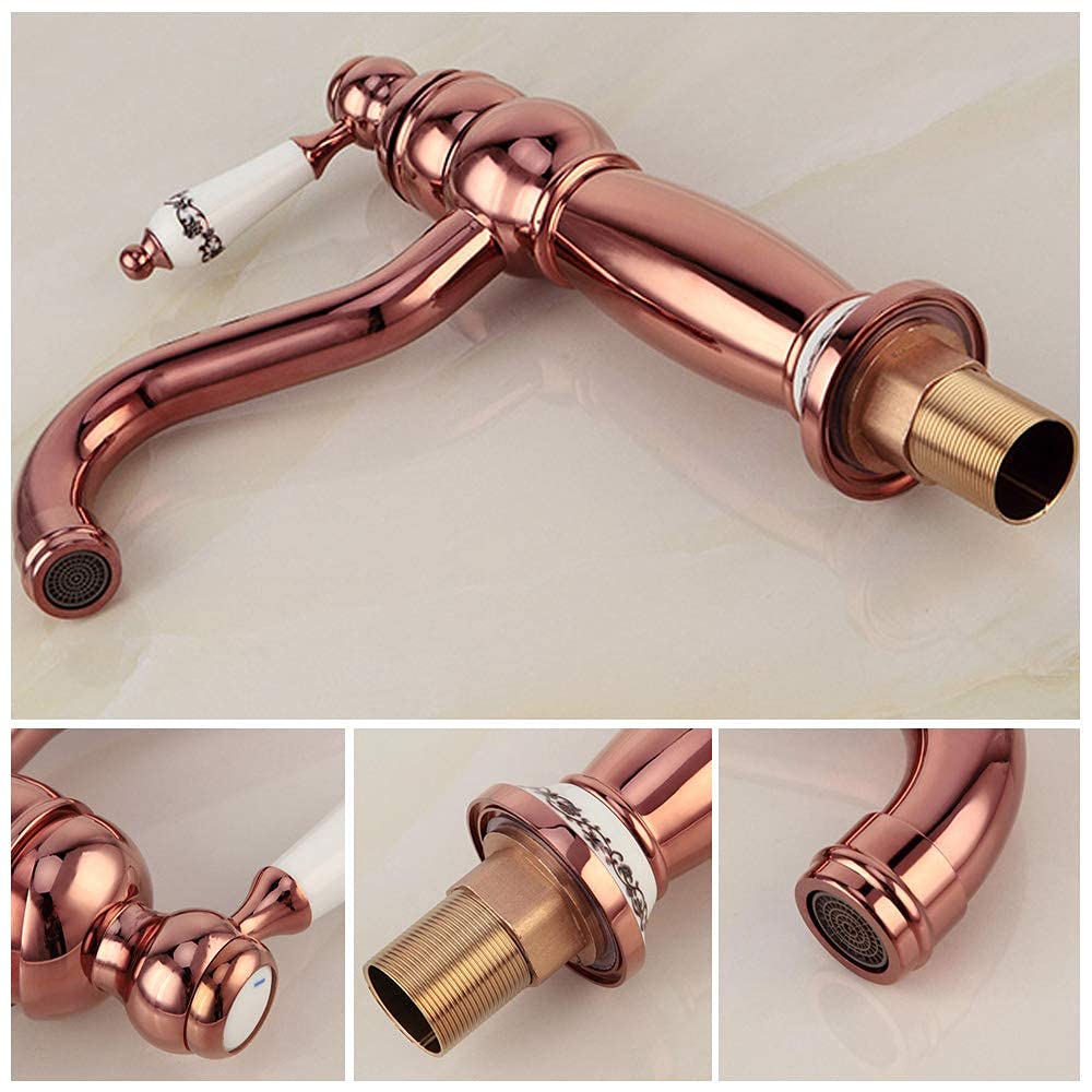 Grifo mezclador de fregadero, grifo de cocina antiguo, grifo giratorio de cobre dorado rosa, manija única, fregadero de cocina cepillado de 1 orificio, fregadero mezclador frío caliente Comfortable