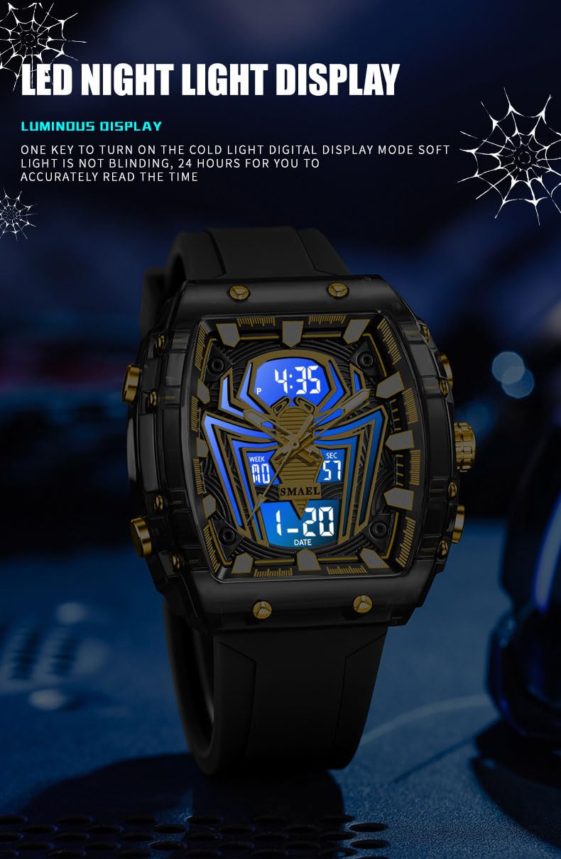 MASTOP Reloj de cuarzo de lujo Spider Man, esfera grande, digital, analógico, doble visualización de hora, cronómetro, diseño punk, correa de silicona, reloj de pulsera para hombre