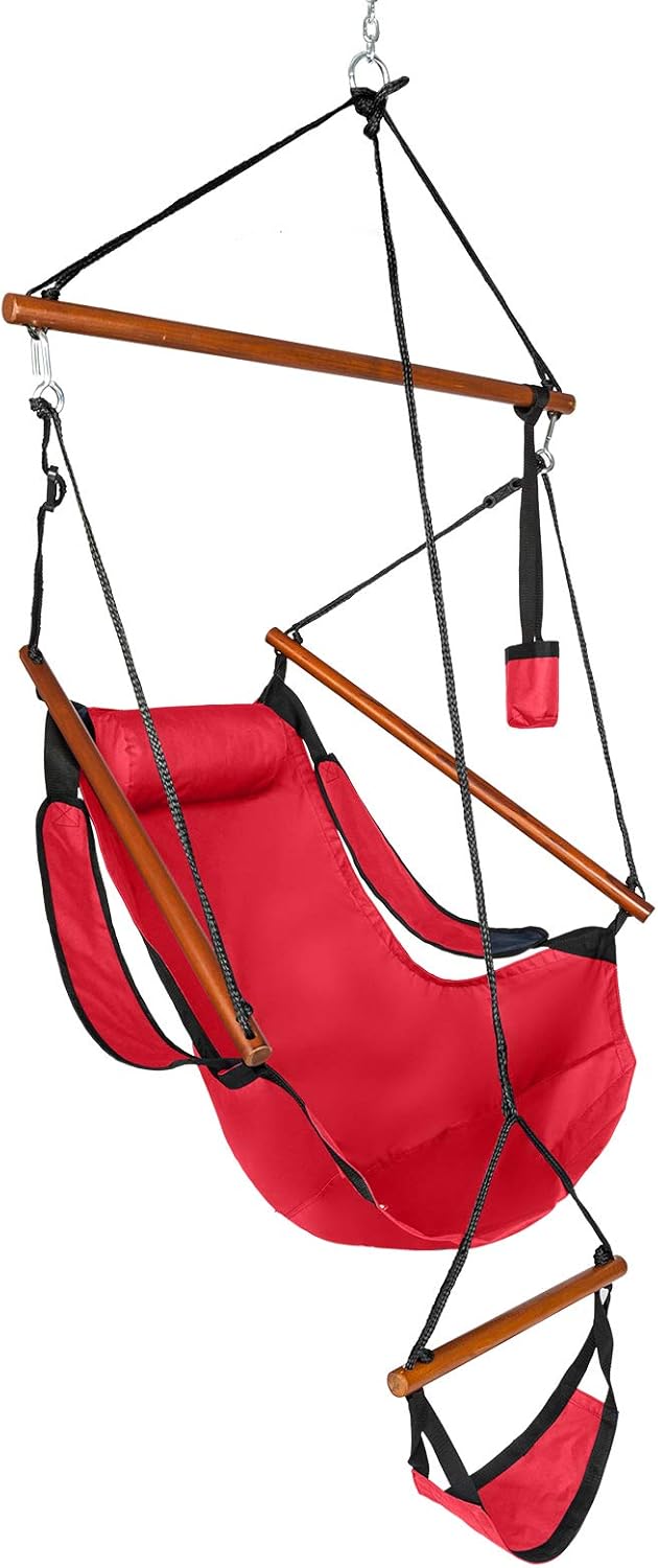 Outvita Hammock Hanging Chair, Air Deluxe Sky Swing Seat with Pillow Cup Holder Armrests Footrest Carry Bag for Indoor Outdoor Park Yard Camping 250LBS Red