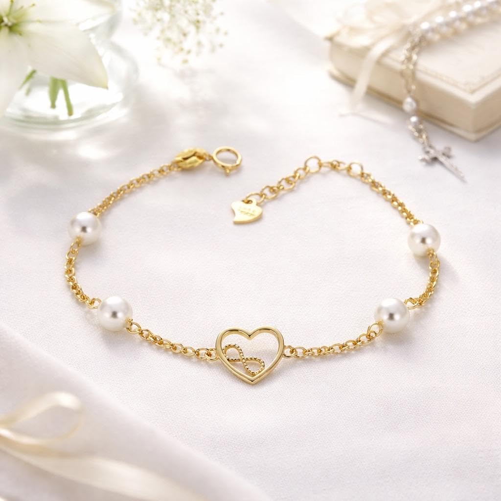 Pulsera Infantil Plata de Ley 925 Chapada en Oro con Corazón Infinito y Perlas Cultivadas, Primera Comunión, 16cm + 2cm Ajustable