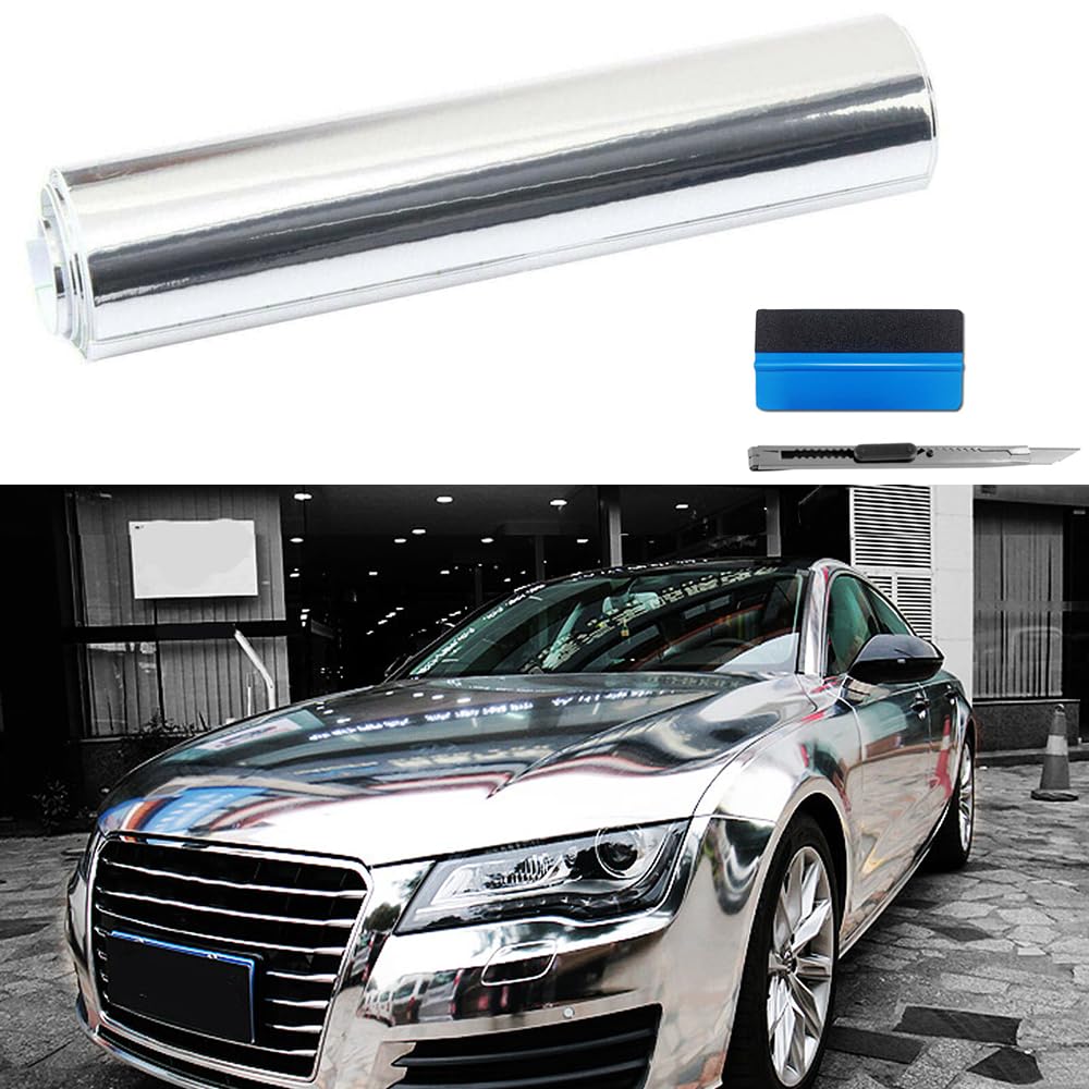 LZLRUN Chrome Mirror Silver Car Vinyl Wrap Self Adhesive Film 1.5ft x 5ft