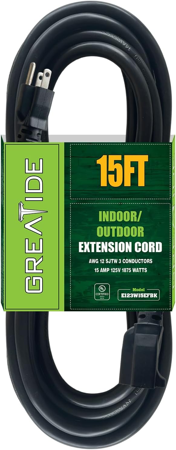 GREATIDE 15 Ft Outdoor Extension Cord 12/3 SJTW Heavy