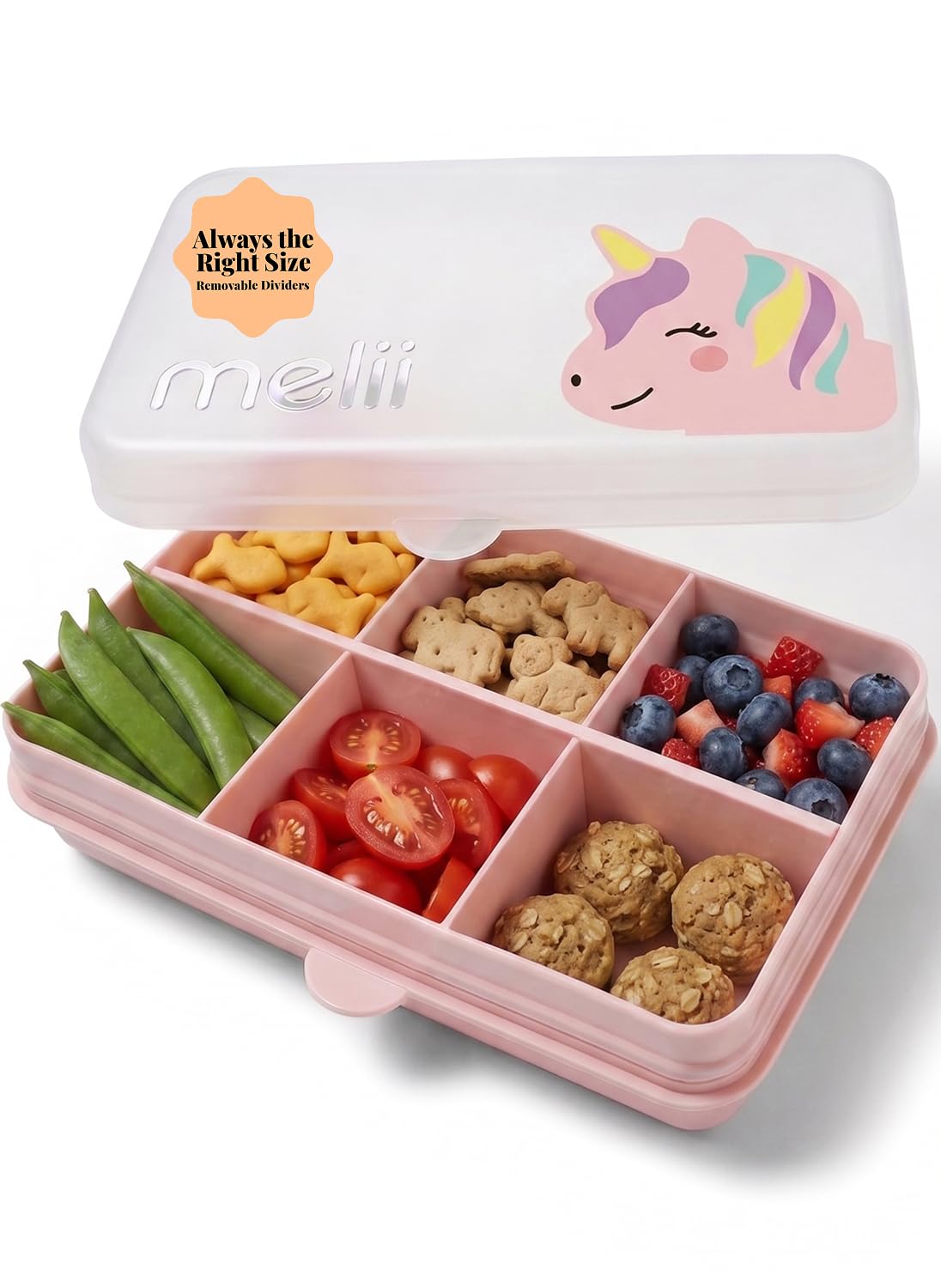 melii - Brotdose Kinder mit Fächern, Snackbox Bento 6 Fächer, Einhorn