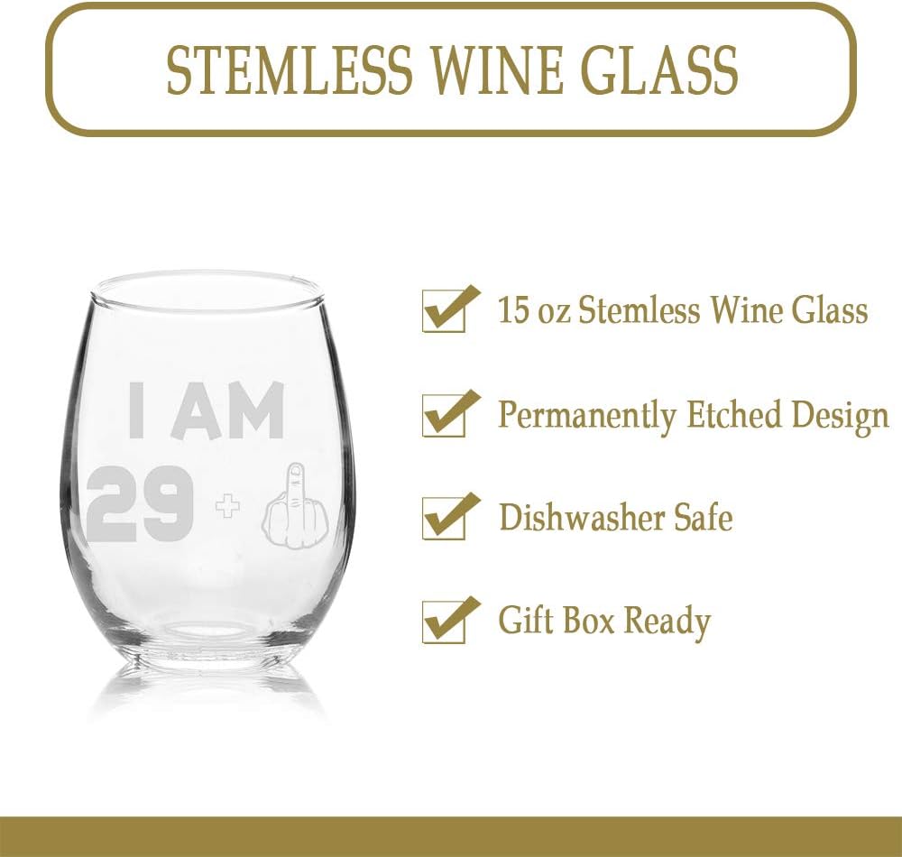 Amazon Crazy 🔥 Deals Veracco I am 29+1 Middle Finger Stemless Wine Glass 30th BirthdayGift For Him Her Thirty and Fabulous (Clear, Glass)