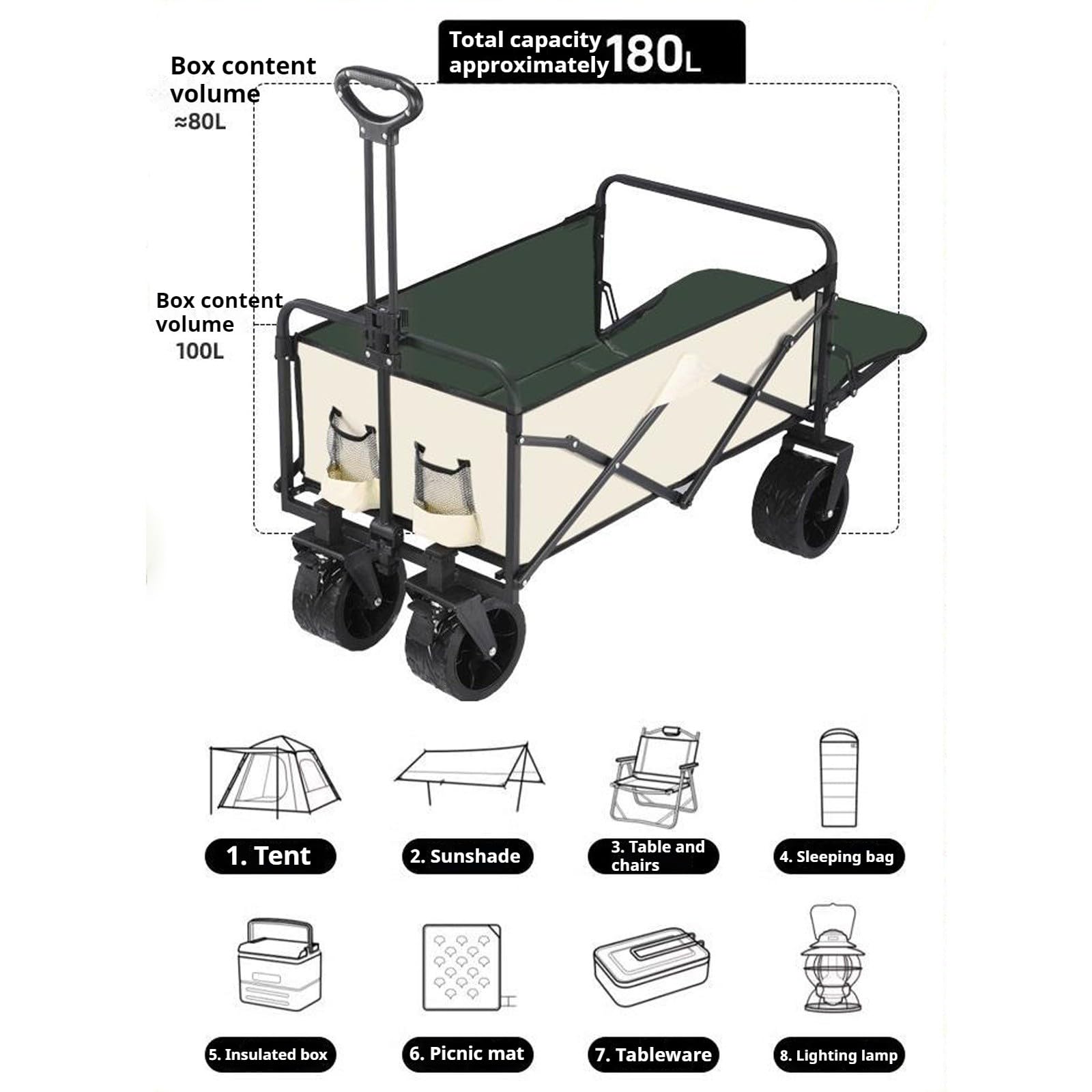 Składany 4-kołowy 150 l z hamulcami Wózek ogrodowy Koła AllTerrain Outdoor Sports/Camping arBlack L2