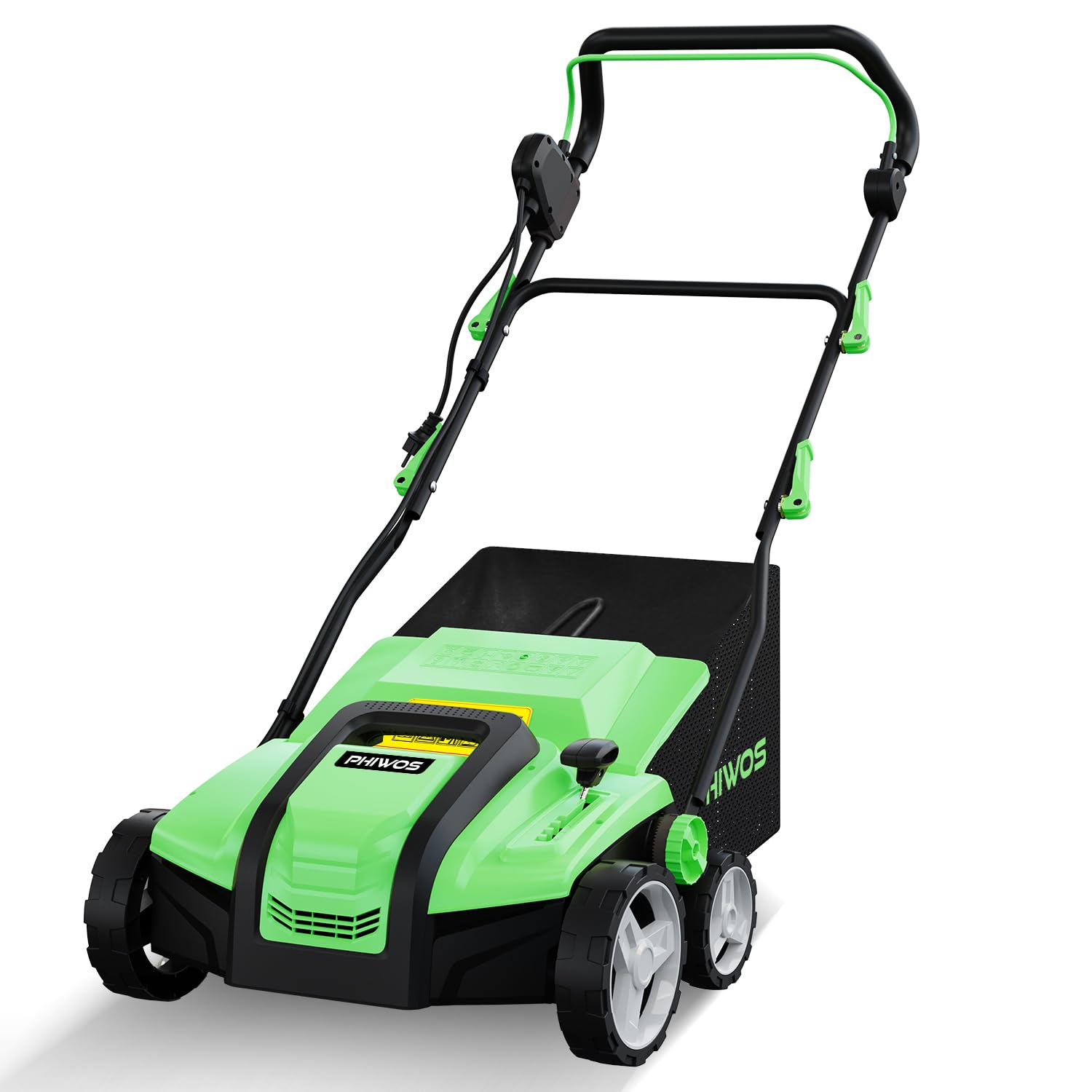 PHIWOS Lawn Scarifier Aerator, Electric 1800W Grass Rake, 38cm Working Width, 45L Collection Box, 5 Depth Settings, Dethatching/Raking Grass of Thatch,Dead Leaves and Aerates Soil, 3 Position Angle