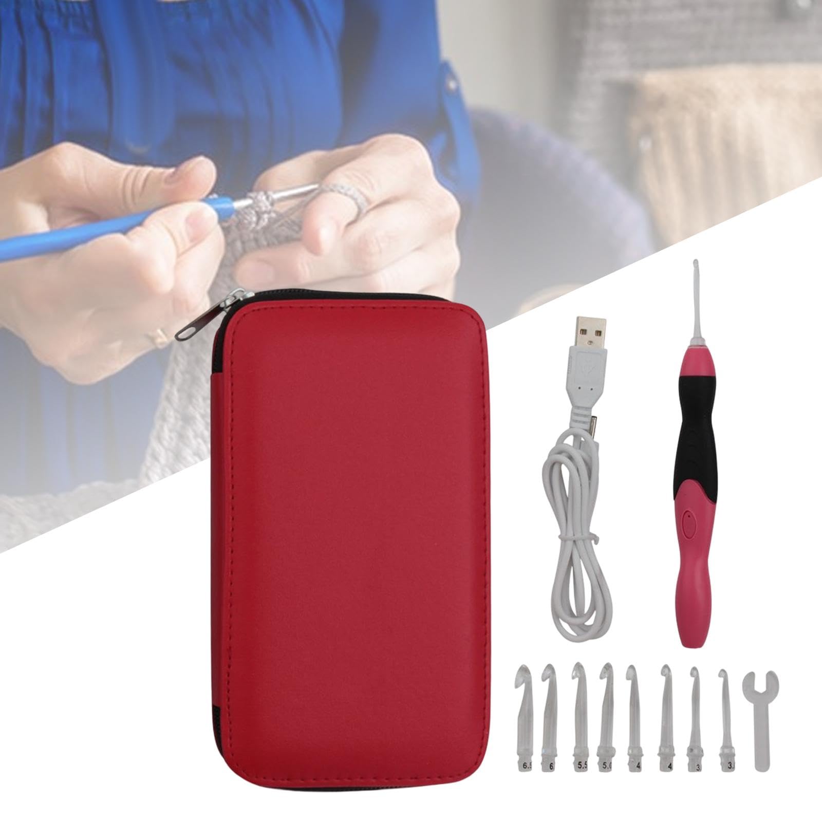 Juego de 5 agujas de ganchillo iluminadas, 9 piezas, herramientas de tejer recargables por USB, con funda, color rojo