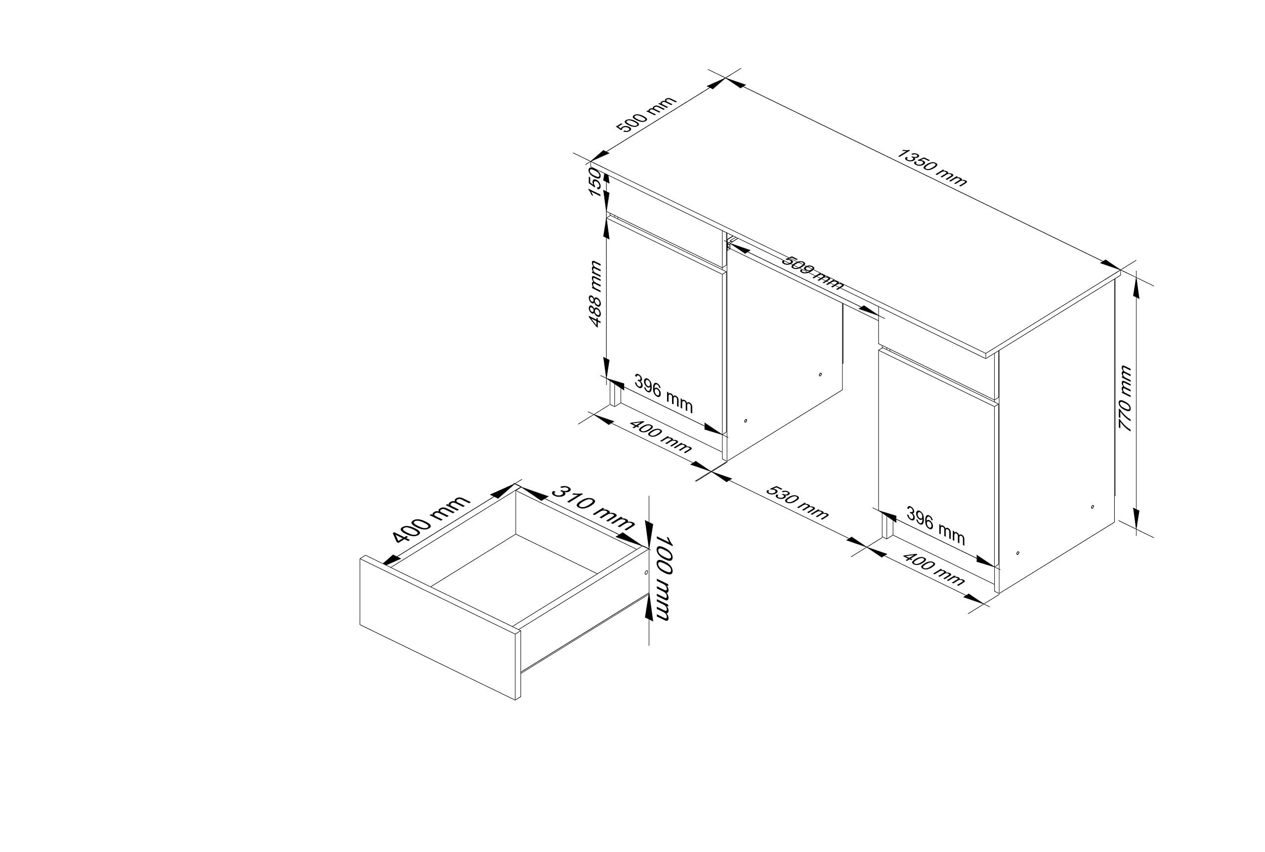 Scrivania A5 Con Ripiano per Tastiera | Office Desk | 2 Cassetti e 2 Ripiani ad Anta | Scrittoio per Ufficio | Per Computer PC Laptop | L135 x H77 x P50 cm, 58 kg | Bianco