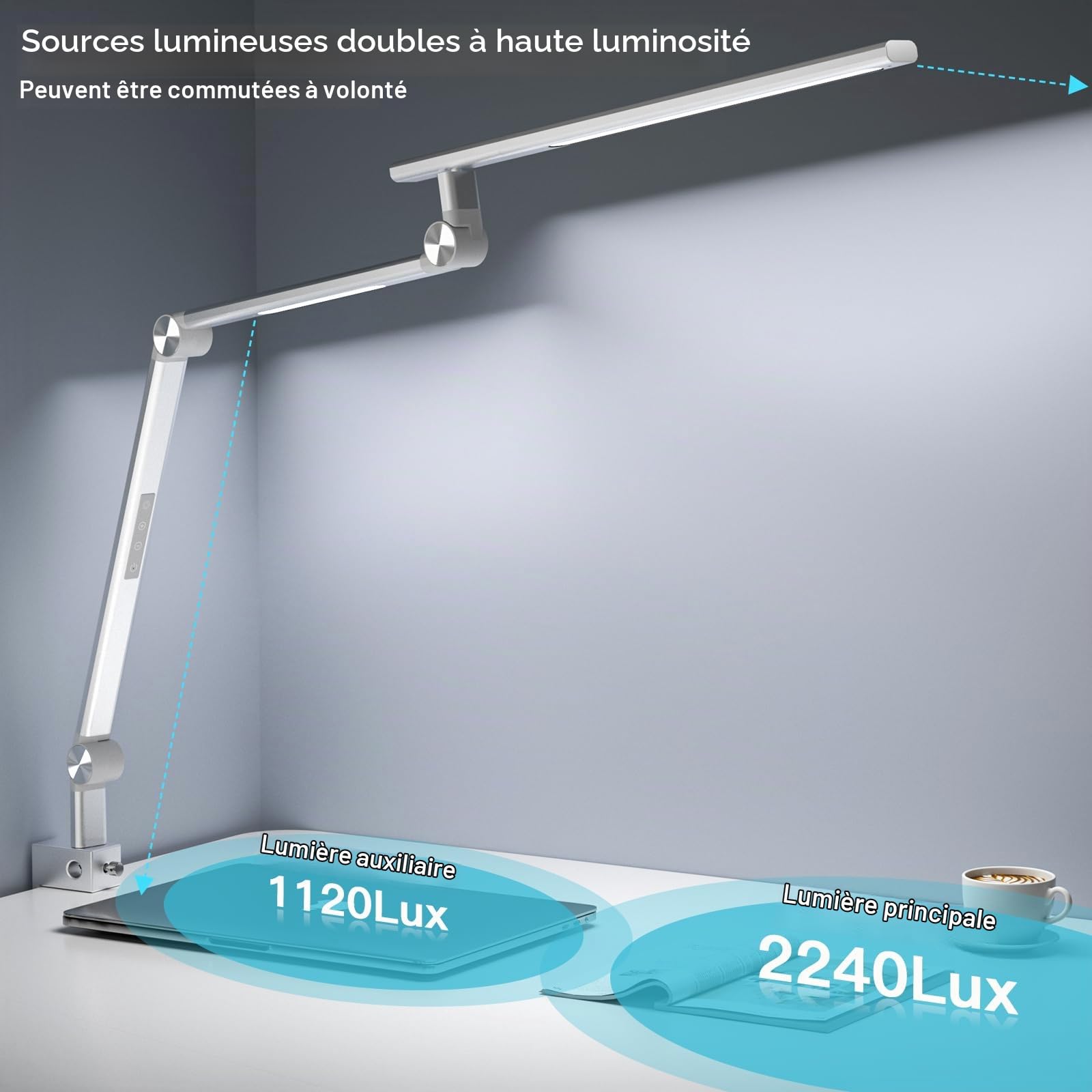 VERSKI Lampe de bureau LED, intensité variable 18 W, lampe de bureau pour la maison, le bureau, protection des yeux, lampe de lumière du jour, 5 températures de couleur et luminosité réglables