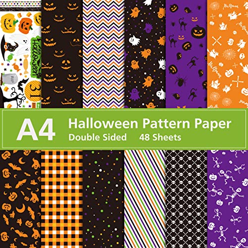 Miahart 48 Sheet Halloween Pattern Paper Set A4 Size Decorative Craft Paper Origami Paper For Card Making Scrapbook,12 Designs #TOP3