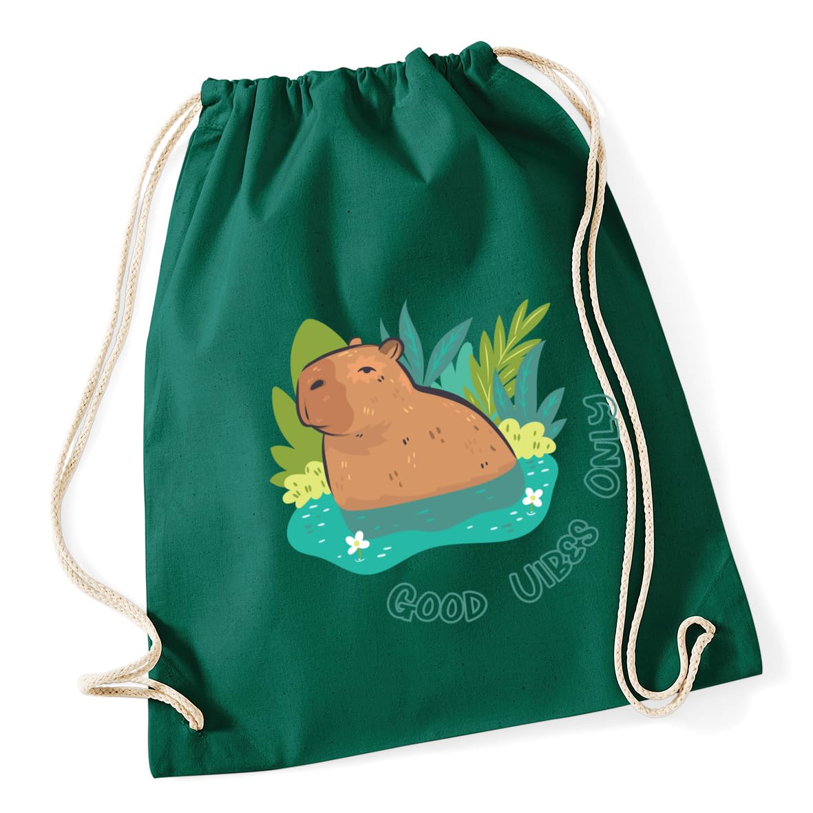 Hippowarehouse Good Vibes Only capybara Drawstring Cotton School Gym Bag 37cm x 46cm, 12 litres