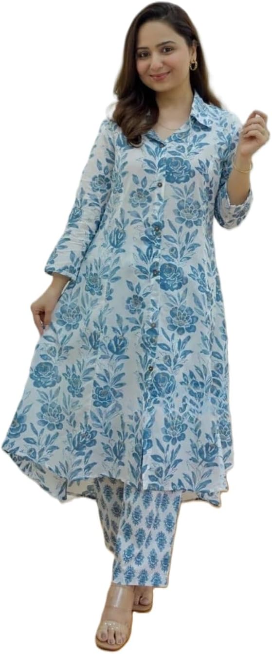 Leriya Fashion Ethnic Co Ord Set for Women | Kurta Set for Women | 2 Piece Kurta Set | Kurta with Pant for Women | Kurta Set | (Large, Sky Blue)