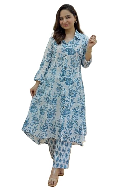 Leriya Fashion Anarkali Kurta-Set for Women – Viscose Rayon Printed Kurta & Straight Pant | Festive Ethnic Indian Traditional Outfit for Functions & Puja – SKY BLUE