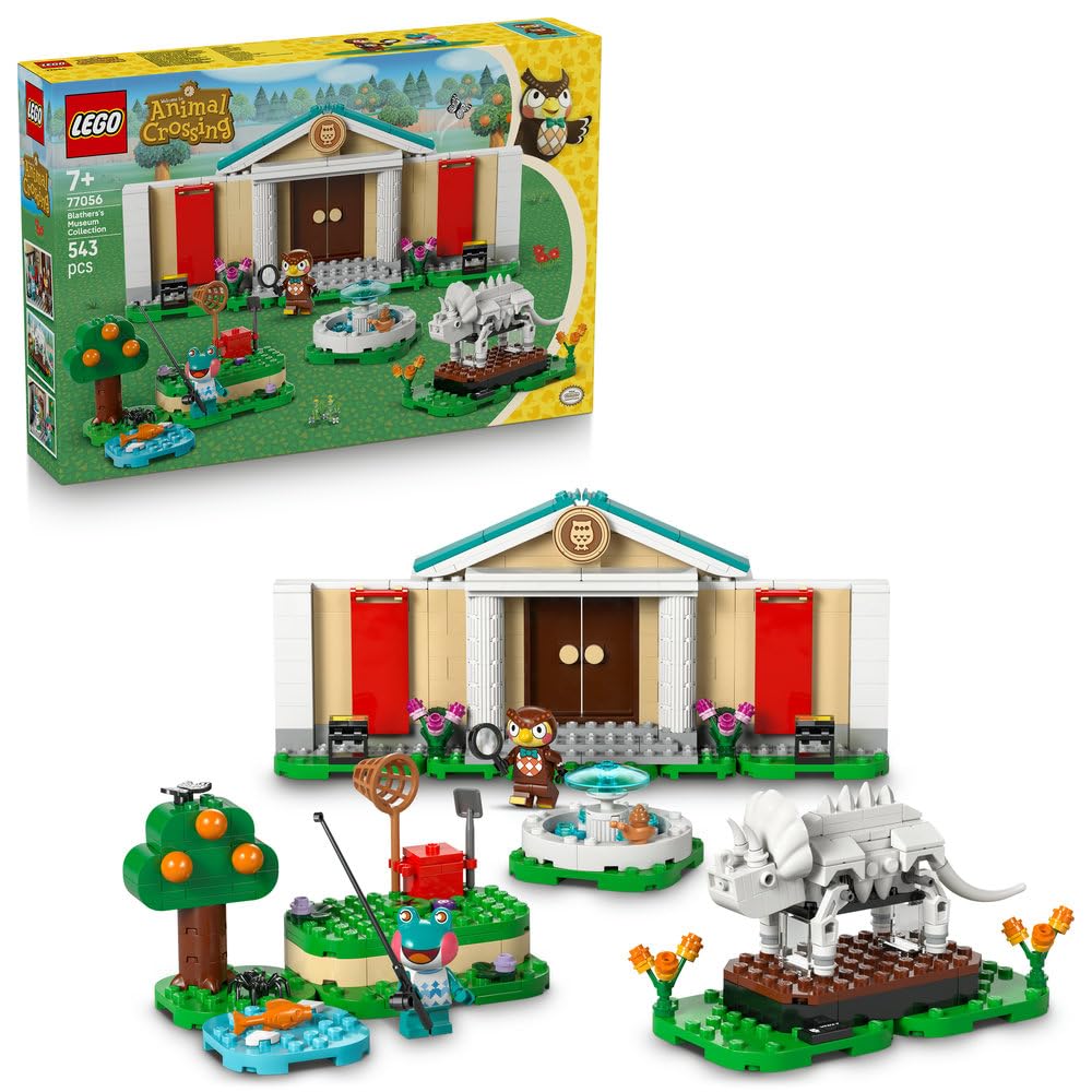 LEGO Animal Crossing Blathers i kolekcja muzealna, zabawka konstrukcyjna dla dzieci z minifigurkami i skamieniałością triceratopsa, pomysł na prezent dla 7-latka, chłopca i dziewczynki 77056