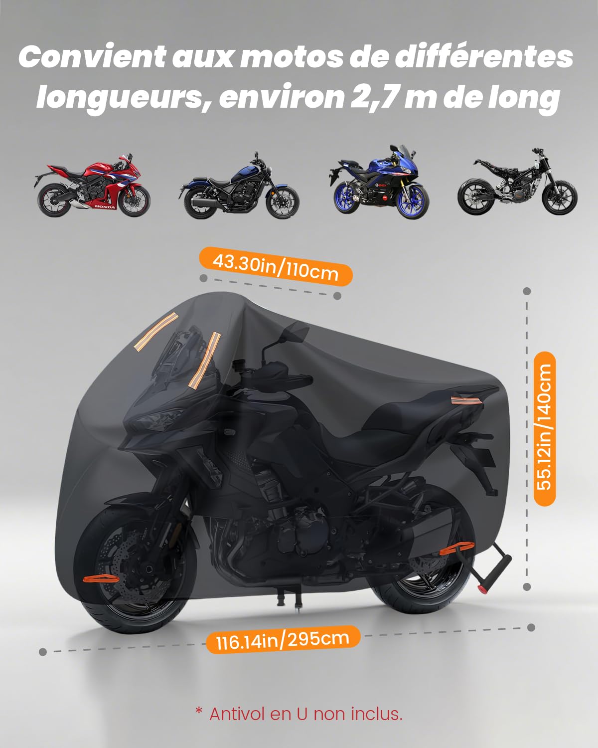 Bache Moto 4XL, 420D Bache de Protection Exterieur Imperméable | 295×110×140 cm, Housse Moto avec Poignée et Trou de Chaine Antivol, Protection contre Poussière Pluie Neige UV