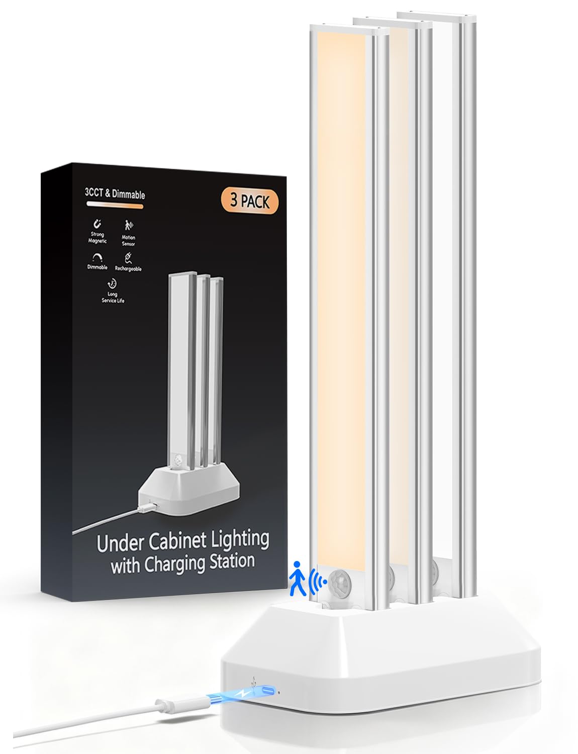 Photo 1 of 12in Under Cabinet Lighting with Charging Station, 2500mAh Rechargeable Wireless Motion Sensor Lights Indoor,Closet Lights with 3 Color Tempers, Battery Operated Cabinet Lights for Kitchen, 3-Pack