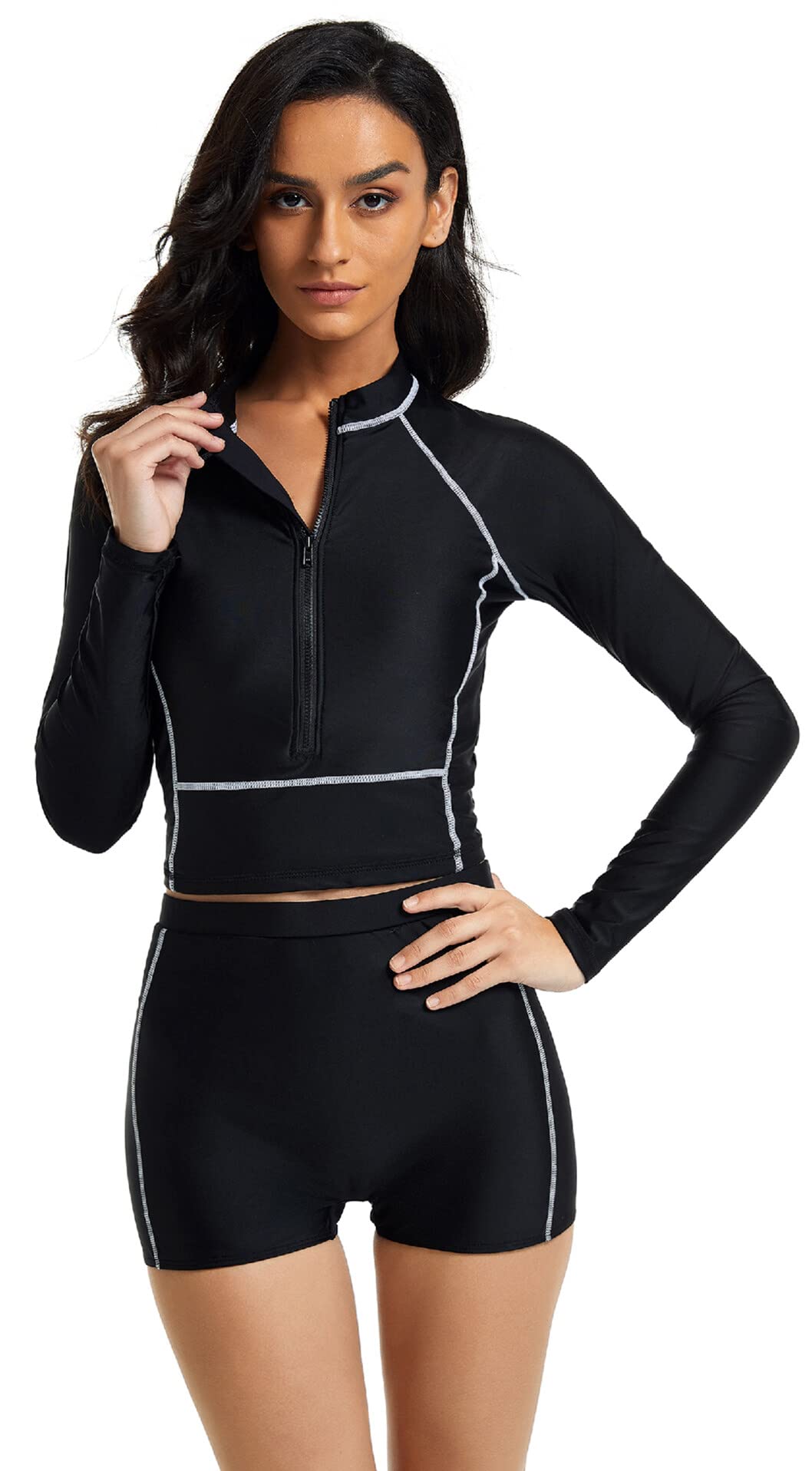 SEAUR Rash Guard damski kostium kąpielowy z długim rękawem, UPF 50+, ochrona przed promieniowaniem UV, dwuczęściowy kostium kąpielowy, slim fit, ochrona przed słońcem, moda kąpielowa, bikini, szorty