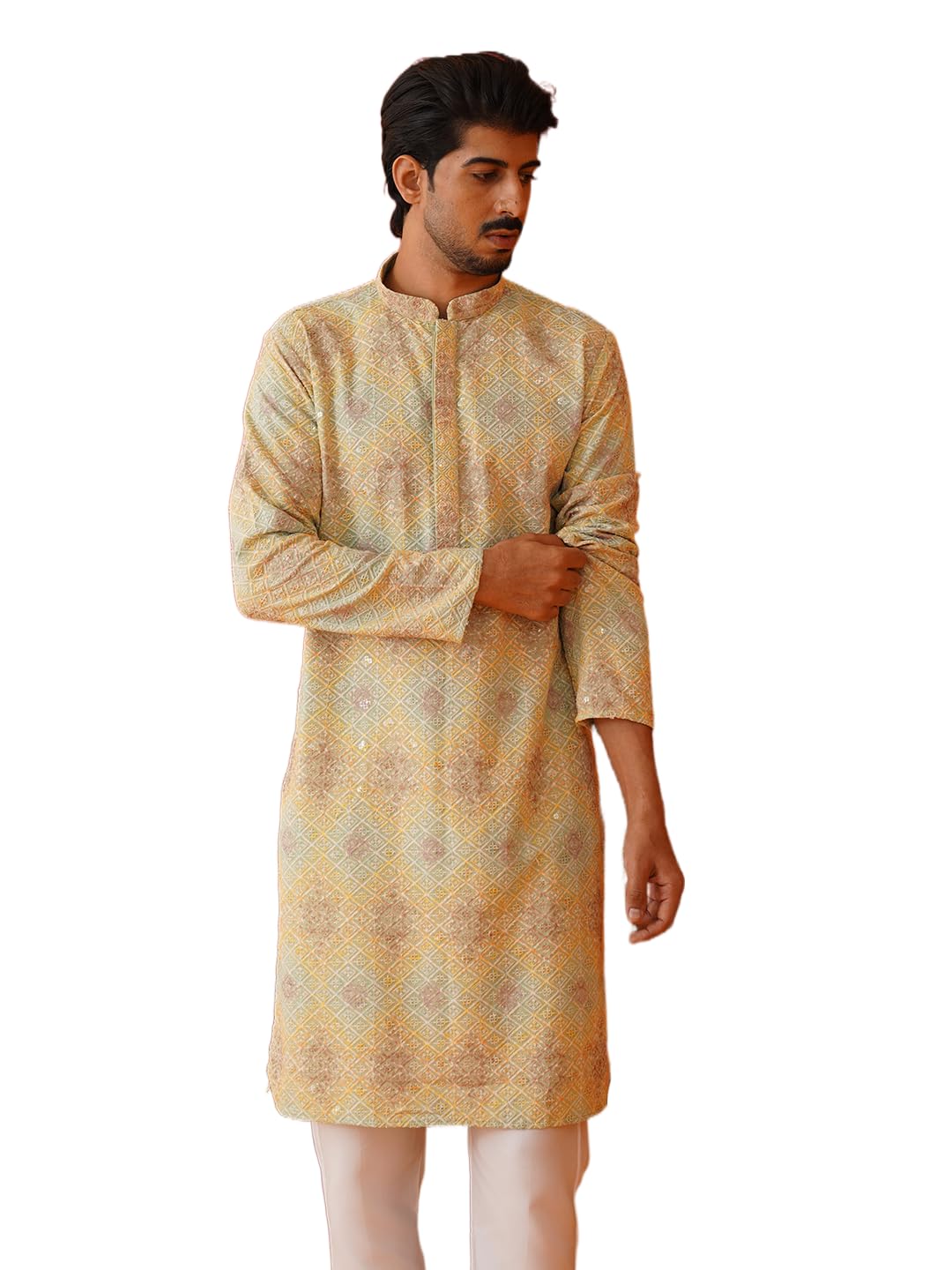 Jompers Pista Embroidered Staight Kurtas For Men (Pista, S)