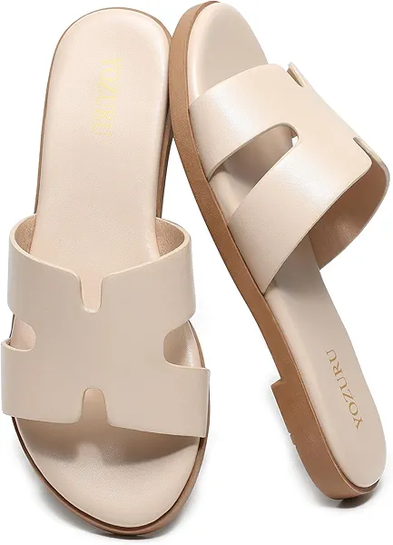 Yozuru Womens Flat Sandals Open Toe Dressy Summer Sandals Comfortable Casual Slip on Leather Slides Sandals for women