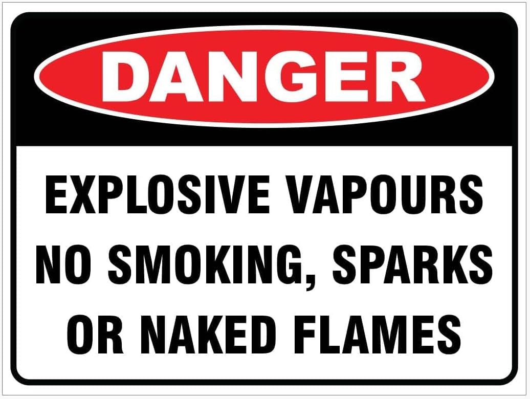 Danger Explosive Vapours No Smoking Rust Free Aluminum Tin Sign - Warning Decor with Pre-Drilled Holes for Indoor-Outdoor Lab, Factory Flammable Zone, Gas Station - 8x12 Inch​