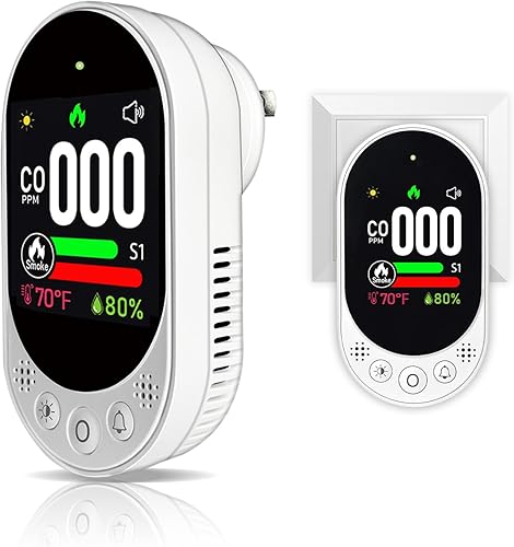 Detector de humo y monóxido de carbono enchufable 4 en 1 con pantalla a color, monitor para COtemperaturahumedadgas, autoprueba, sensibilidad
